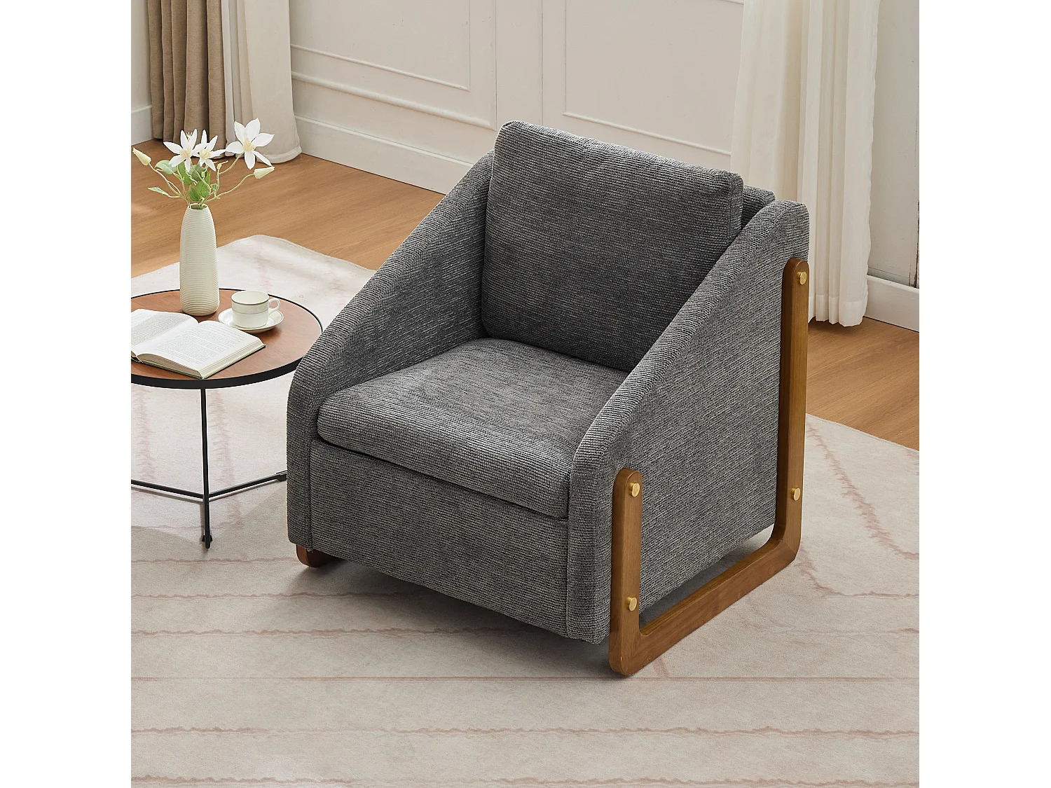 Fauteuil accent, fauteuil de salon, accoudoirs en bois, tissu chenille gris, 73.5x73.5x73.5 cm