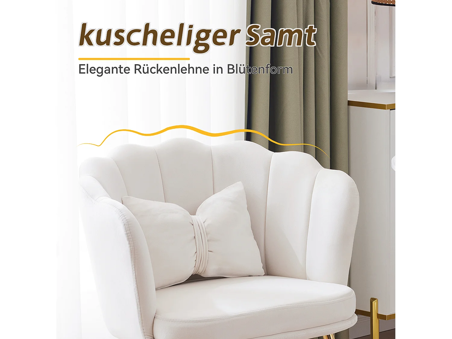 Lot de 6 chaises modernes en velours, fauteuils de salon avec dossier en forme de pétales, pieds métalliques dorés (63x58x77 cm)