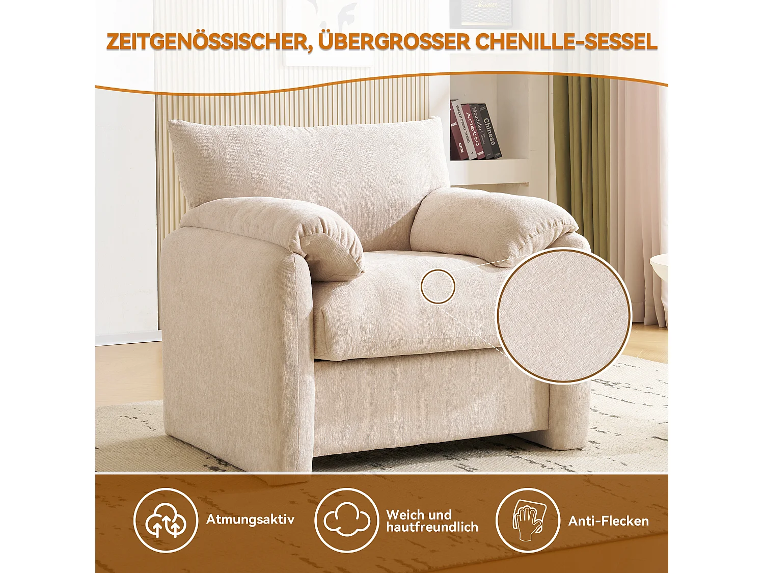 Fauteuil design moderne, en chenille, fauteuil confortable, beige (96x82x84 cm)