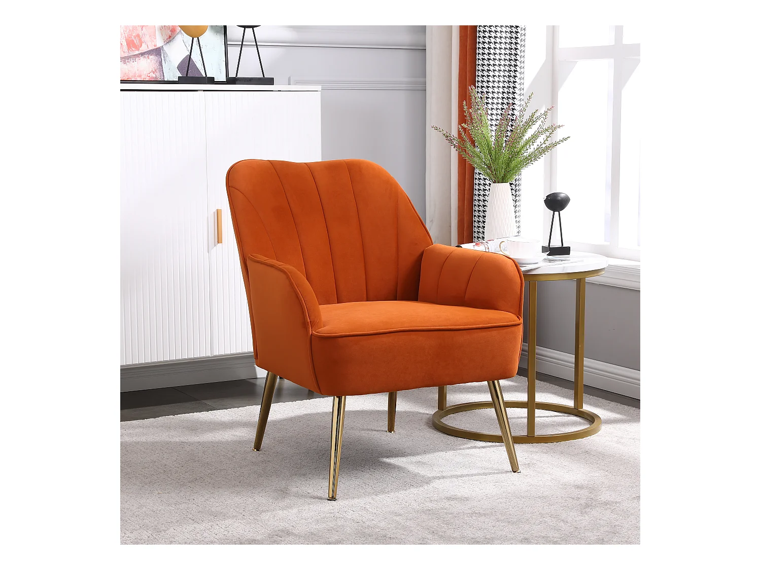 Fauteuil Relax en Velours, Accoudoirs et Dossier Haut, Bois et Métal, Orange (64x73x78 cm)