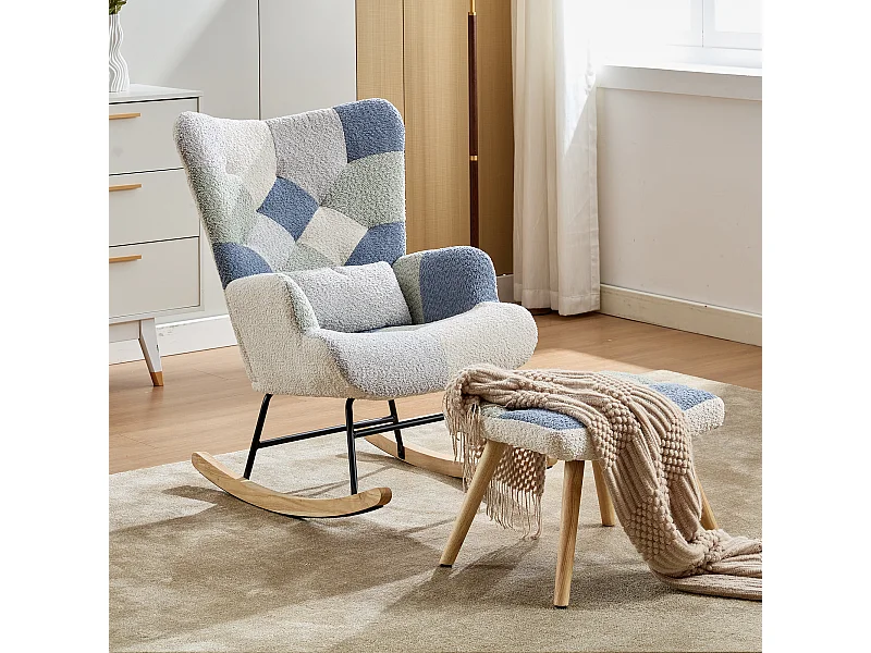 Fauteuil relax avec repose-pieds, design moderne en tissu, beige et bleu, (122x68x91 cm)