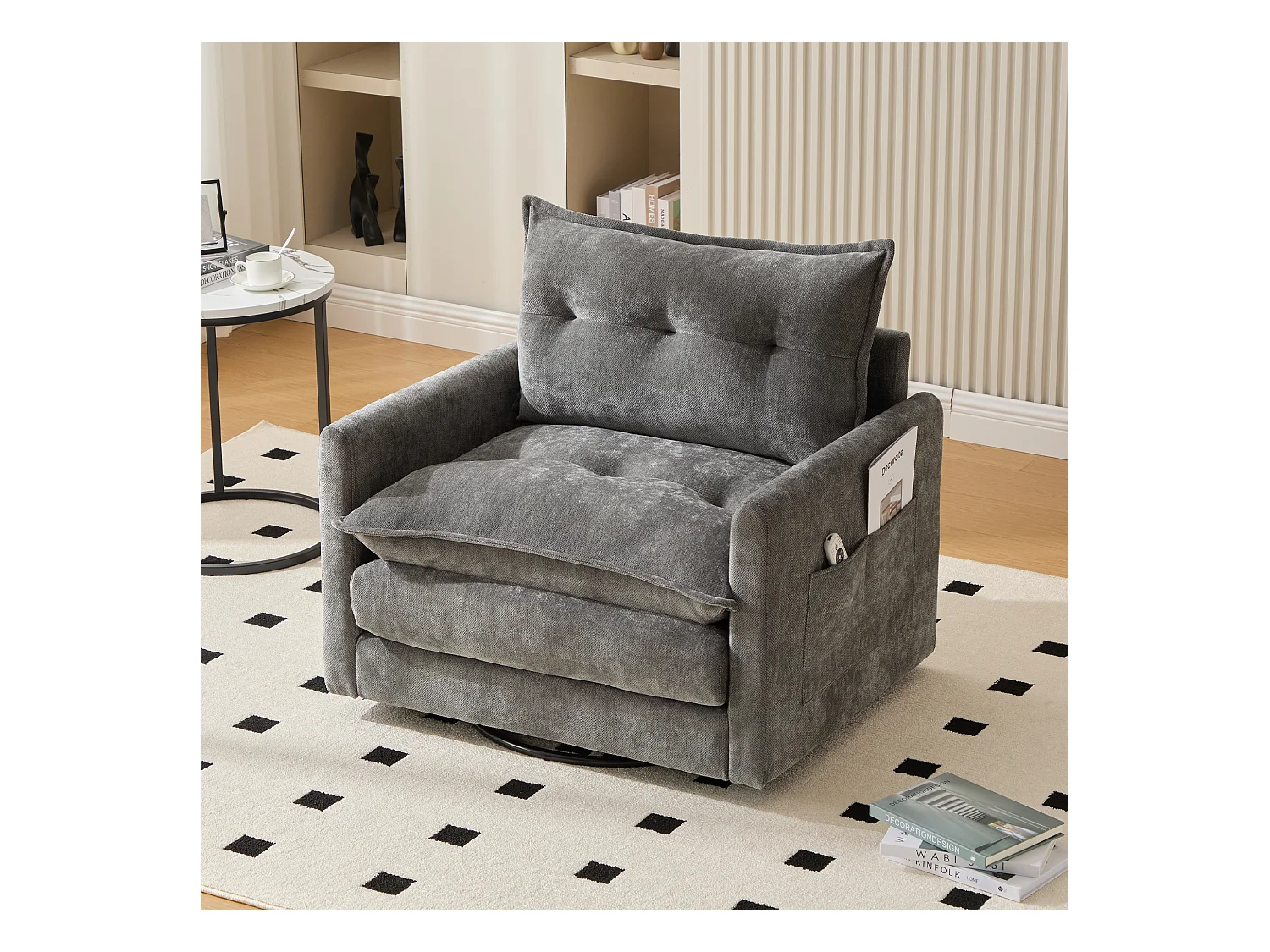 Sillón giratorio 360° con reposabrazos, diseño moderno, tejido chenilla, color gris, incluye cojín (92x74x67cm)