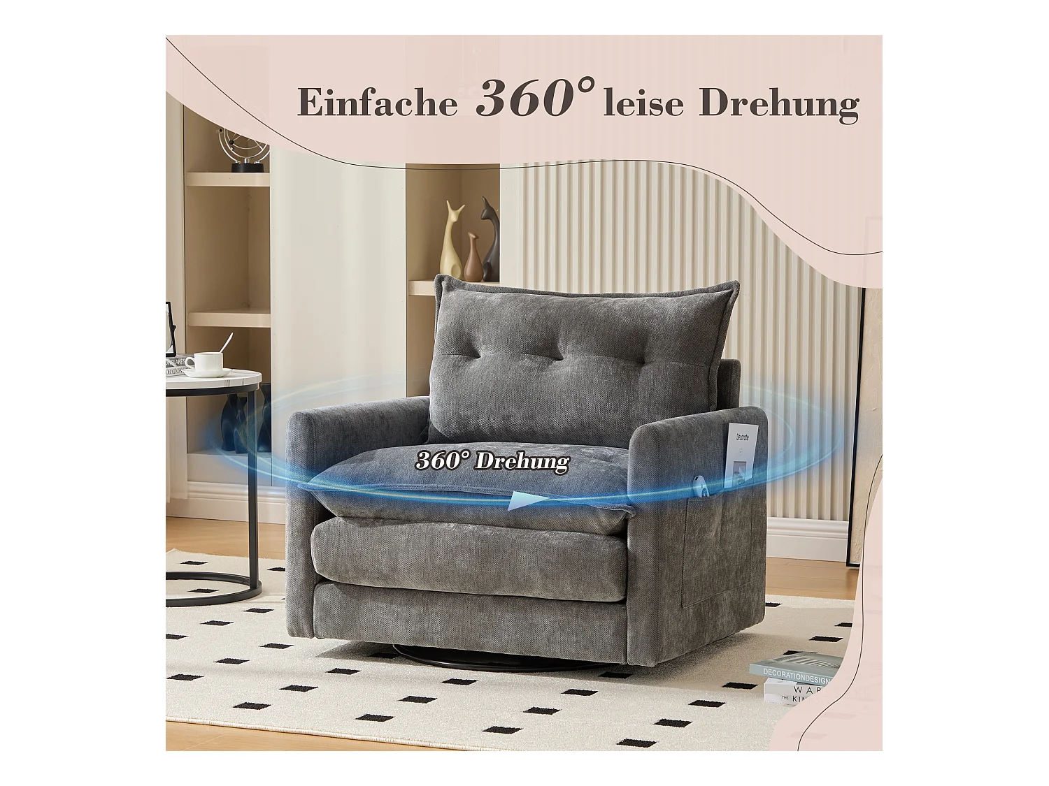 Sillón giratorio 360° con reposabrazos, diseño moderno, tejido chenilla, color gris, incluye cojín (92x74x67cm)