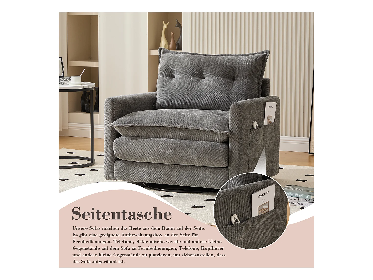 Sillón giratorio 360° con reposabrazos, diseño moderno, tejido chenilla, color gris, incluye cojín (92x74x67cm)