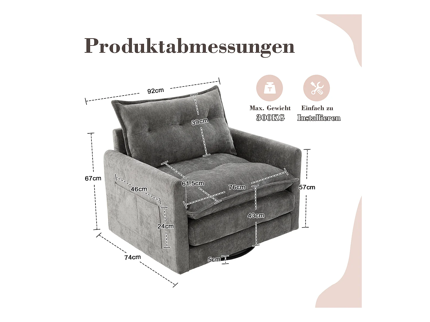 Sillón giratorio 360° con reposabrazos, diseño moderno, tejido chenilla, color gris, incluye cojín (92x74x67cm)