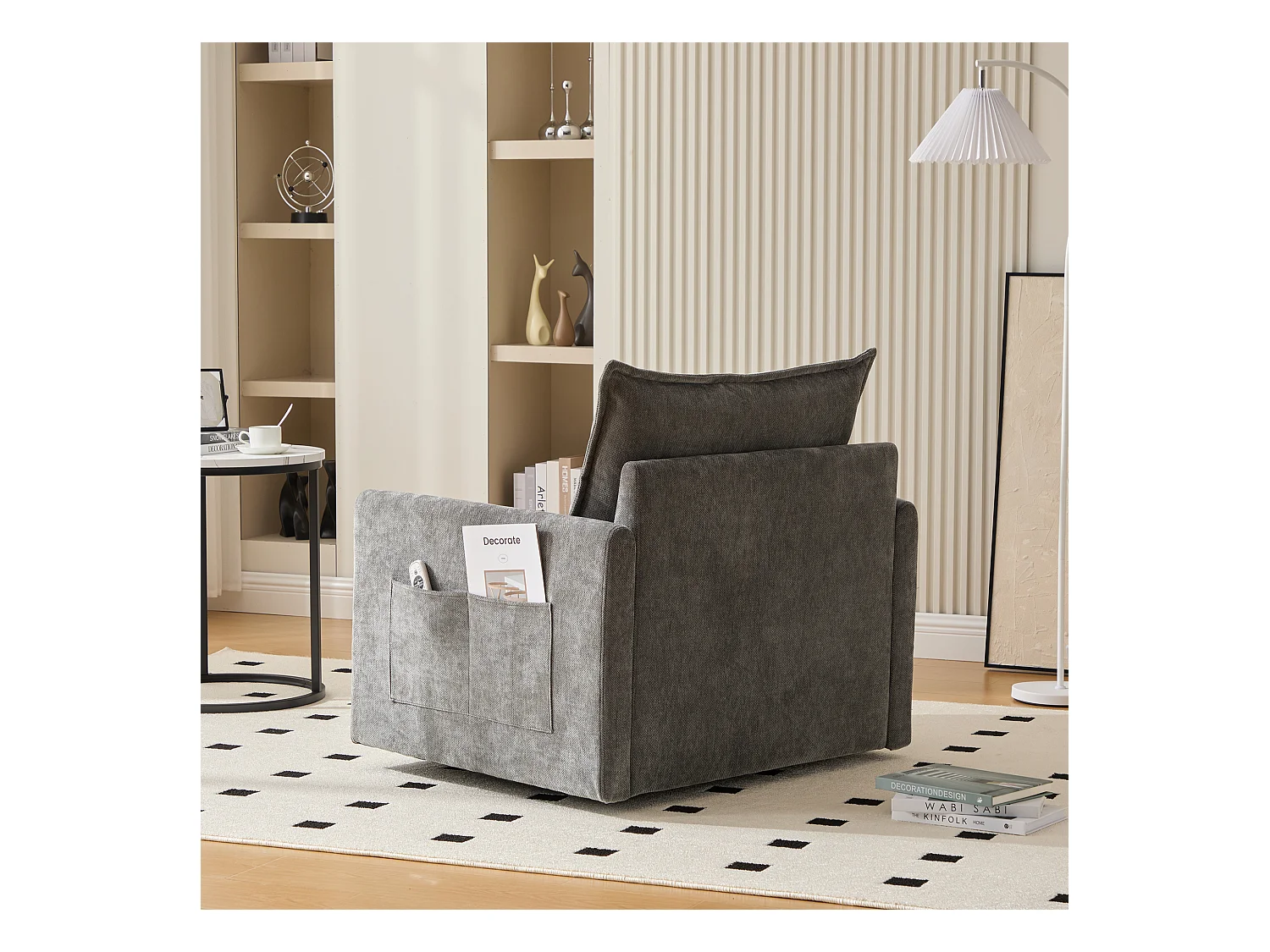 Sillón giratorio 360° con reposabrazos, diseño moderno, tejido chenilla, color gris, incluye cojín (92x74x67cm)