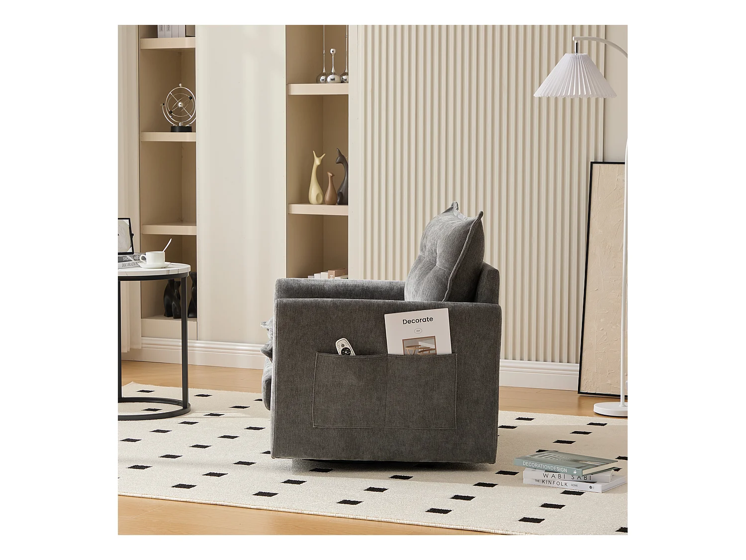 Sillón giratorio 360° con reposabrazos, diseño moderno, tejido chenilla, color gris, incluye cojín (92x74x67cm)