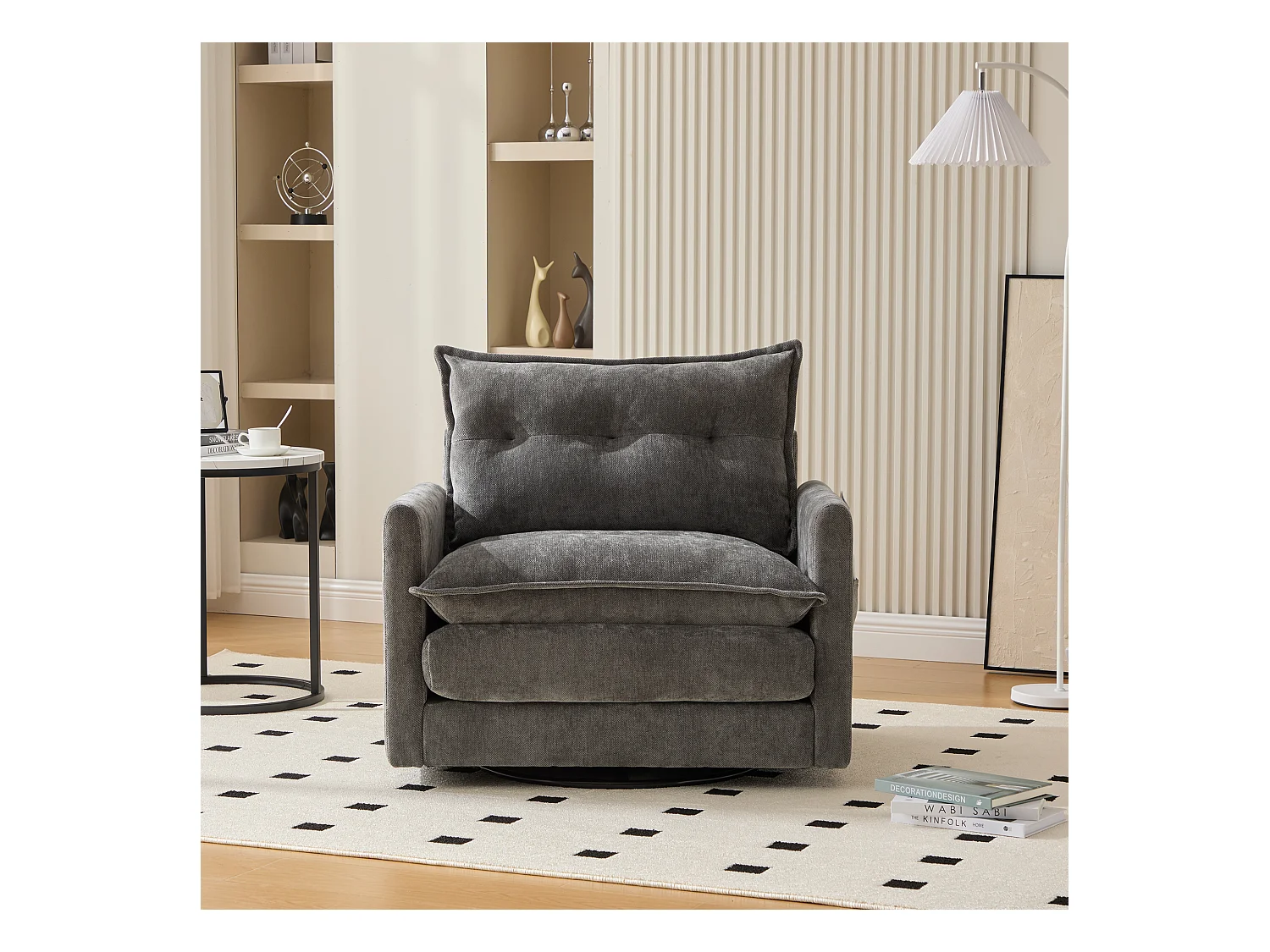 360° draaibare fauteuil met armleuningen, modern design, chenille stof, grijs, inclusief kussen (92x74x67cm)