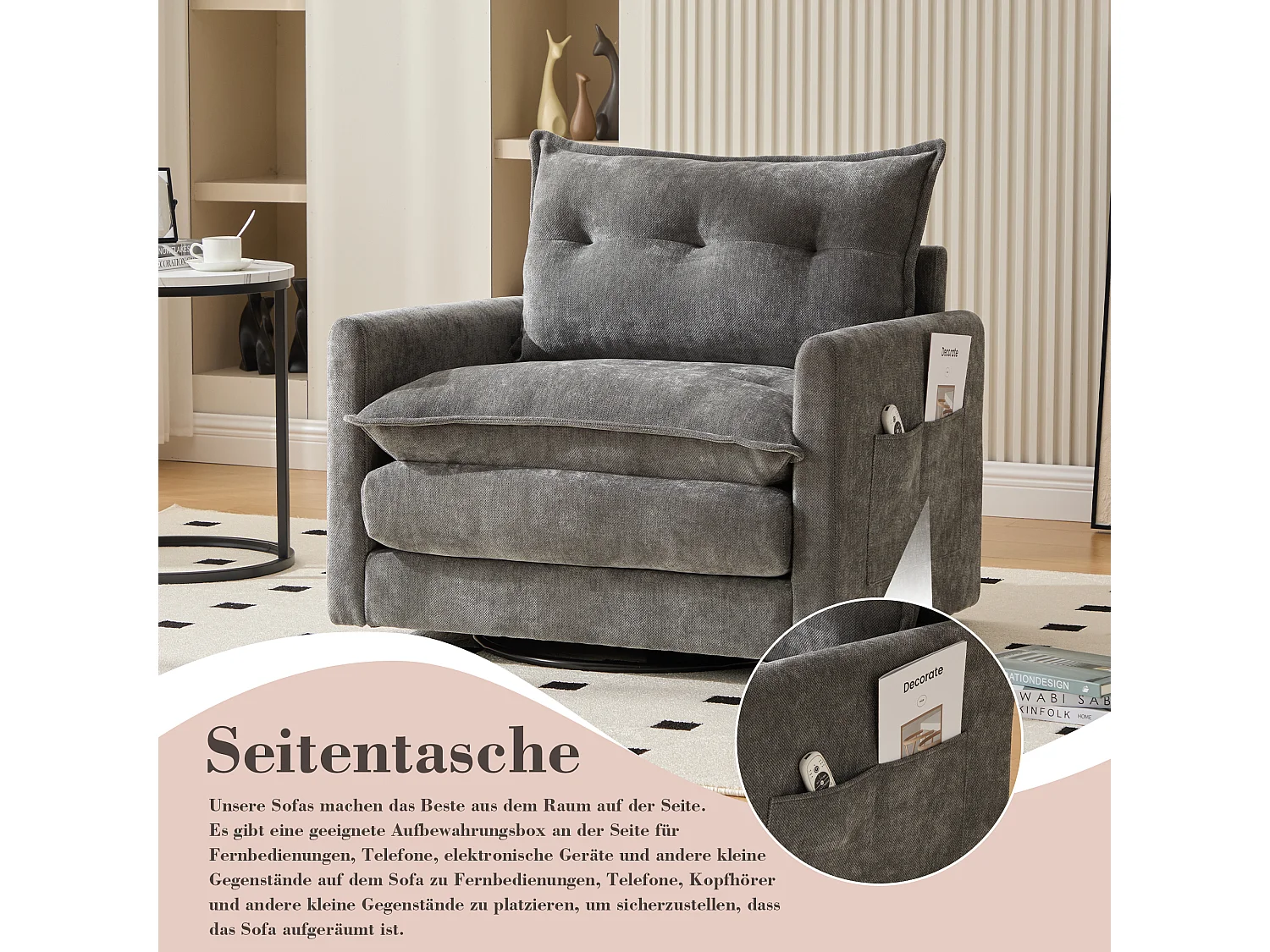 Fauteuil tournant 360° avec accoudoirs, design moderne, tissu chenille, gris, inclut coussin (92x74x67cm)