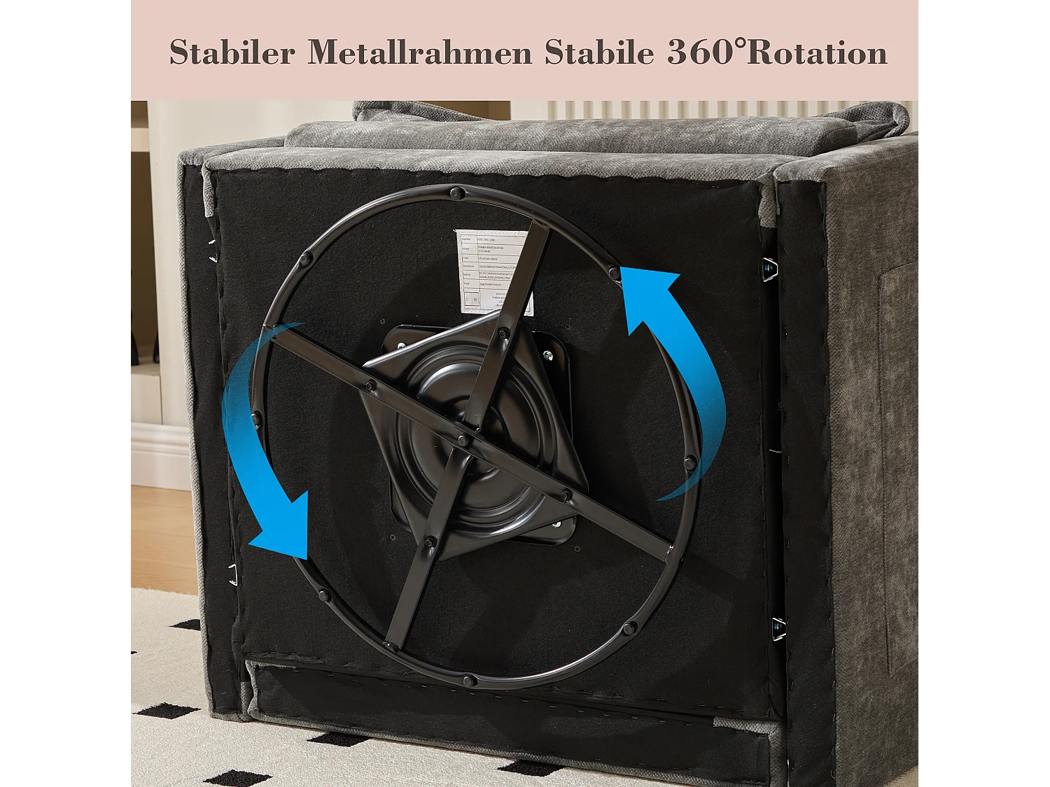 Fauteuil tournant 360° avec accoudoirs, design moderne, tissu chenille, gris, inclut coussin (92x74x67cm)