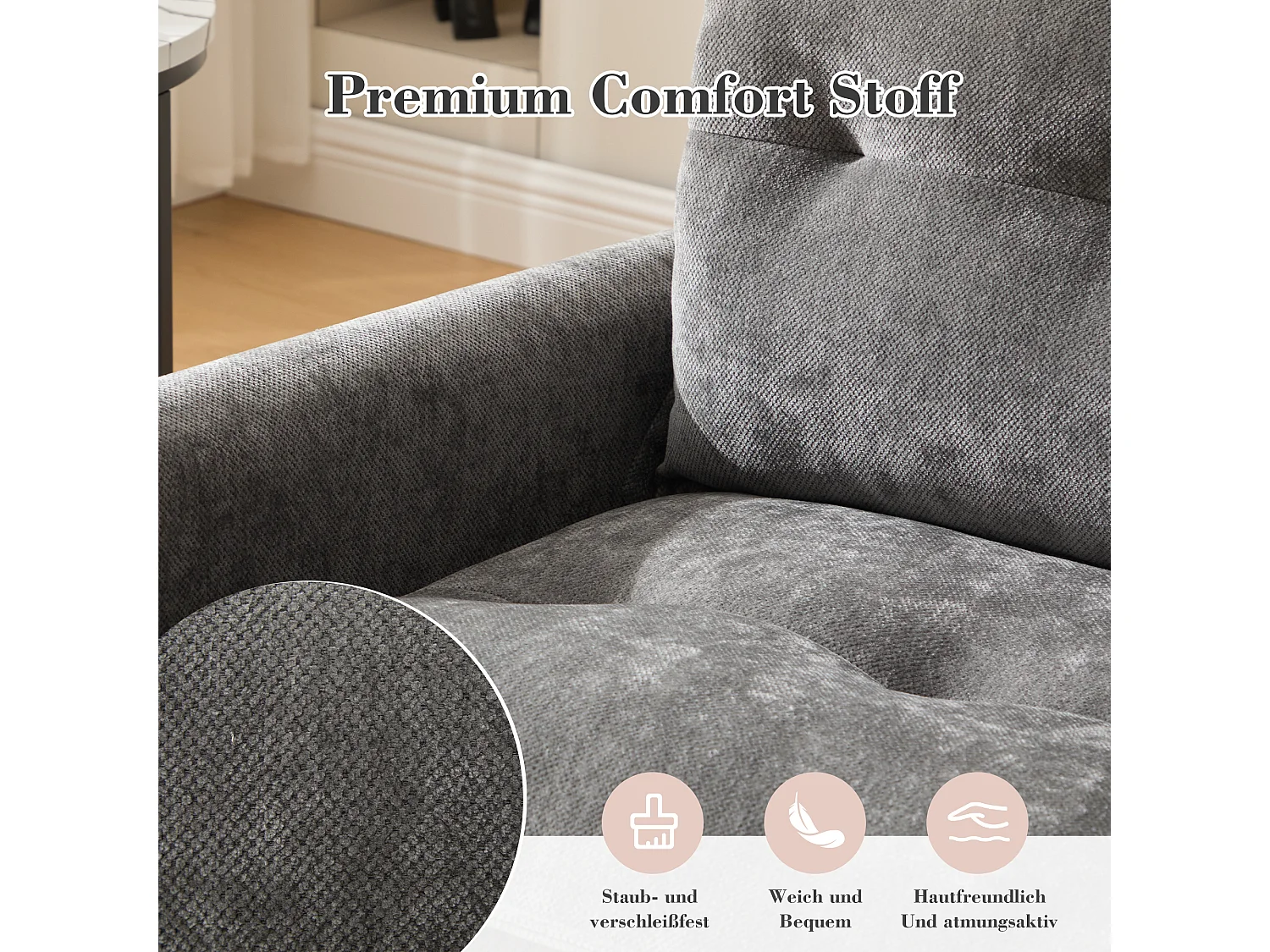 Fauteuil tournant 360° avec accoudoirs, design moderne, tissu chenille, gris, inclut coussin (92x74x67cm)