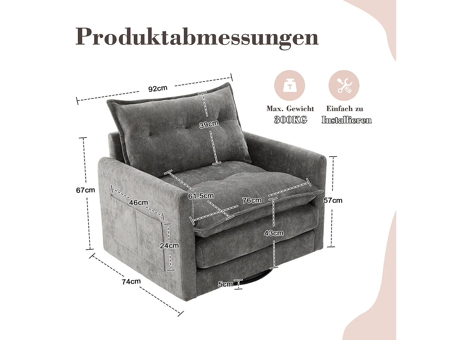 Fauteuil tournant 360° avec accoudoirs, design moderne, tissu chenille, gris, inclut coussin (92x74x67cm)