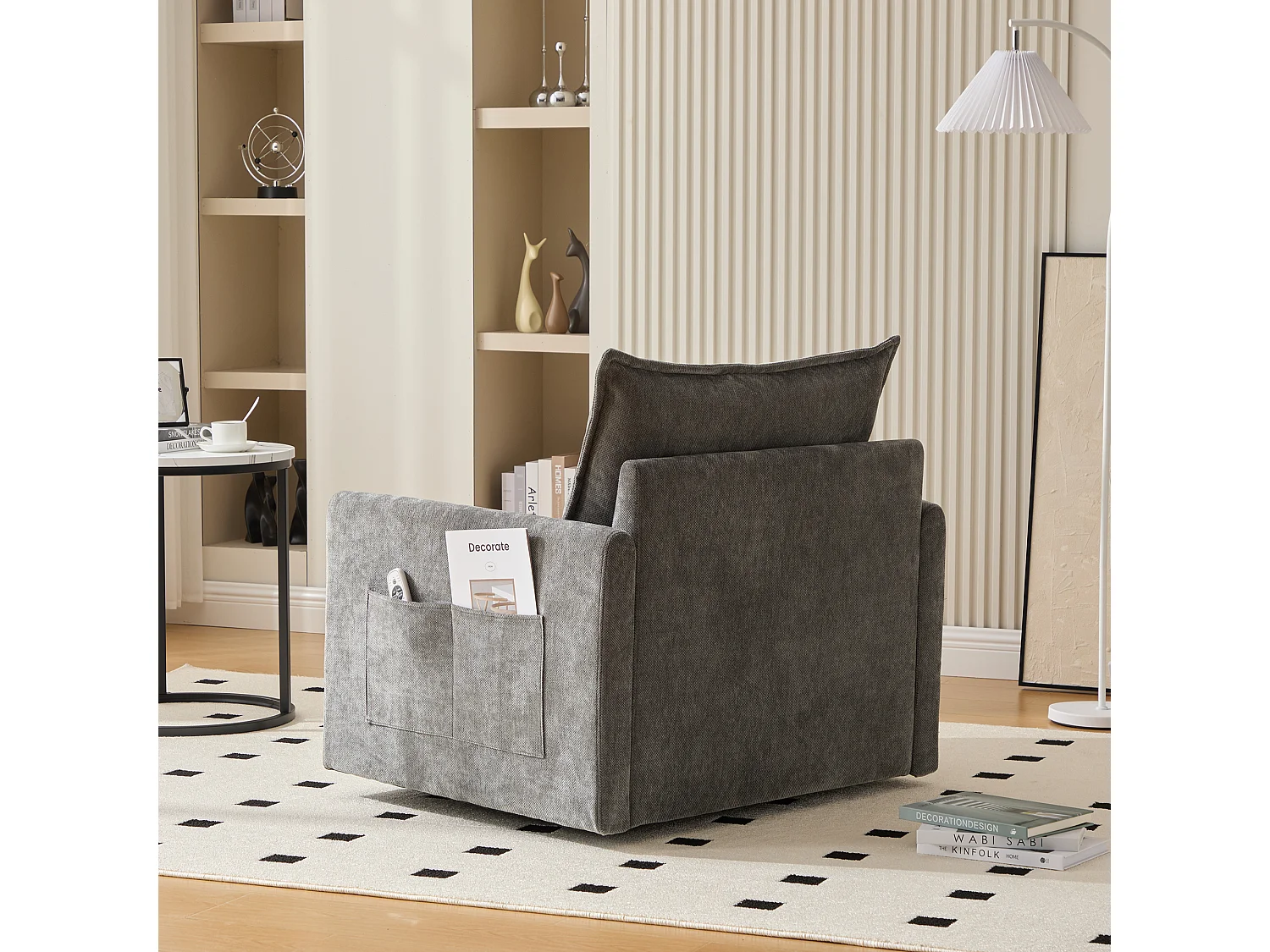 Fauteuil tournant 360° avec accoudoirs, design moderne, tissu chenille, gris, inclut coussin (92x74x67cm)