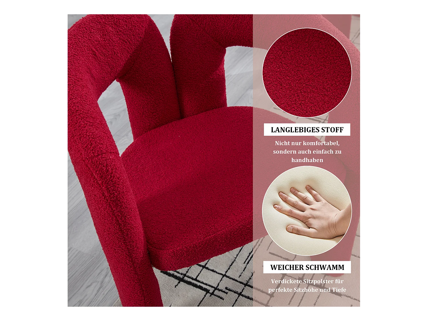 Fauteuil Ergonomique en Tissu peluche, Design Exclusif, Confort Maximal, Rouge, Pour Salon/Bureau à domicile