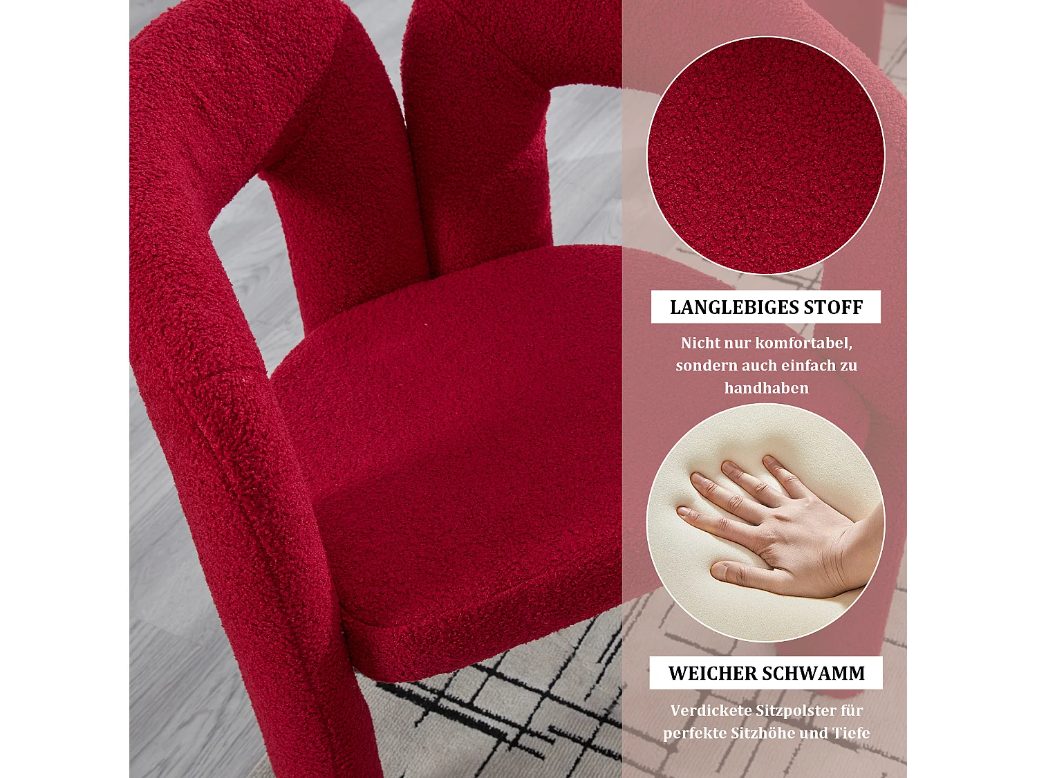 Ergonomische fauteuil in pluche stof, exclusief design, maximaal comfort, rood, voor woonkamer/thuiskantoor (afmetingen op aanvraag)