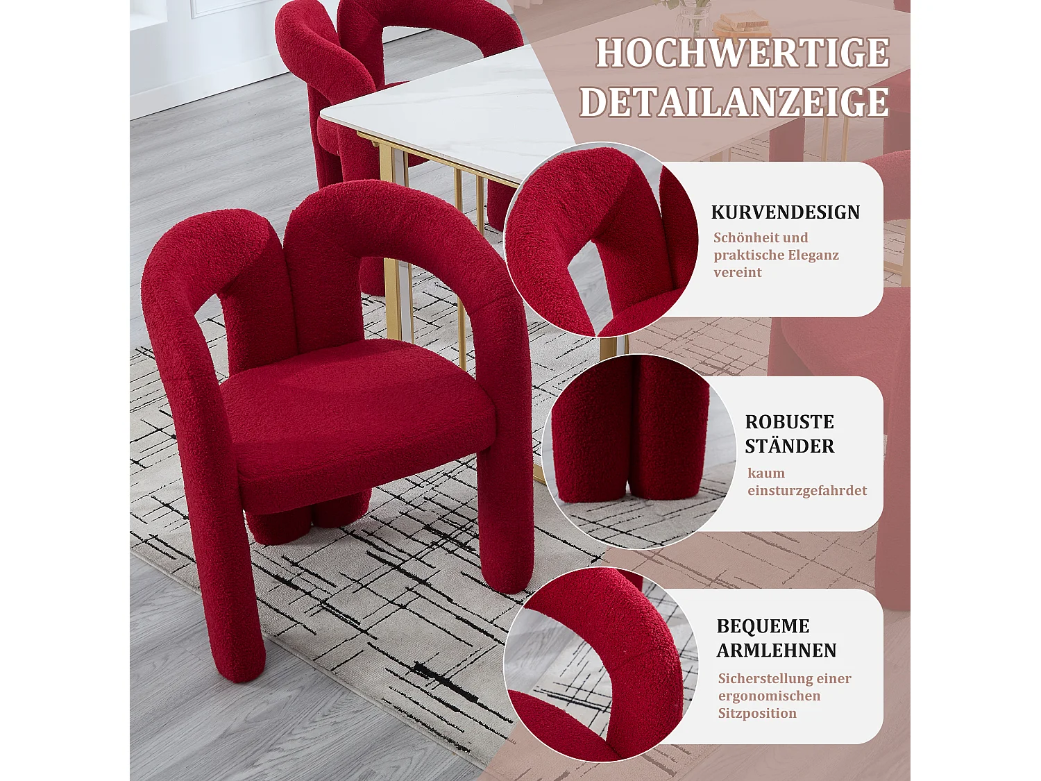 Ergonomische fauteuil in pluche stof, exclusief design, maximaal comfort, rood, voor woonkamer/thuiskantoor (afmetingen op aanvraag)
