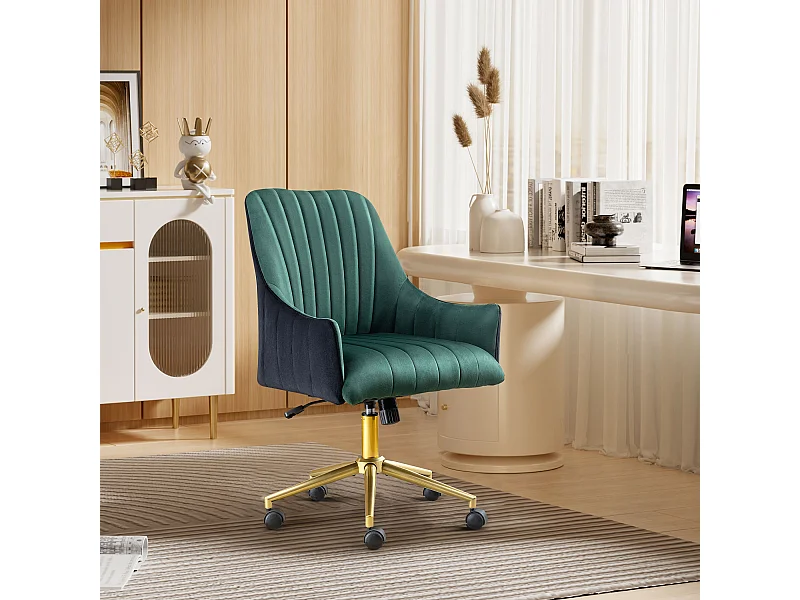 Chaise bureau ergonomique ajustable, fauteuil velours, roulettes, pour bureau/chambre, 150KG, Vert et Or (73 x 76 x 86 cm)
