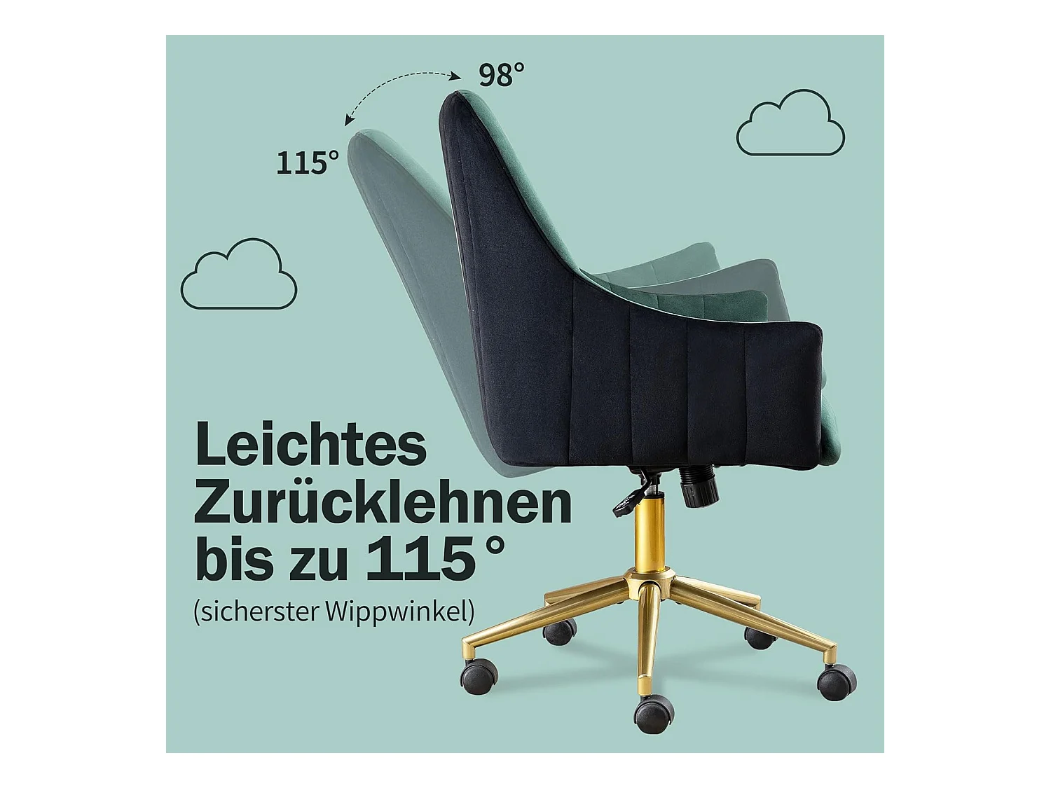 Sedia da ufficio ergonomica regolabile, poltrona in velluto, rotelle, per ufficio/camera da letto, 150 kg, verde e oro (73 x 76 x 86 cm)