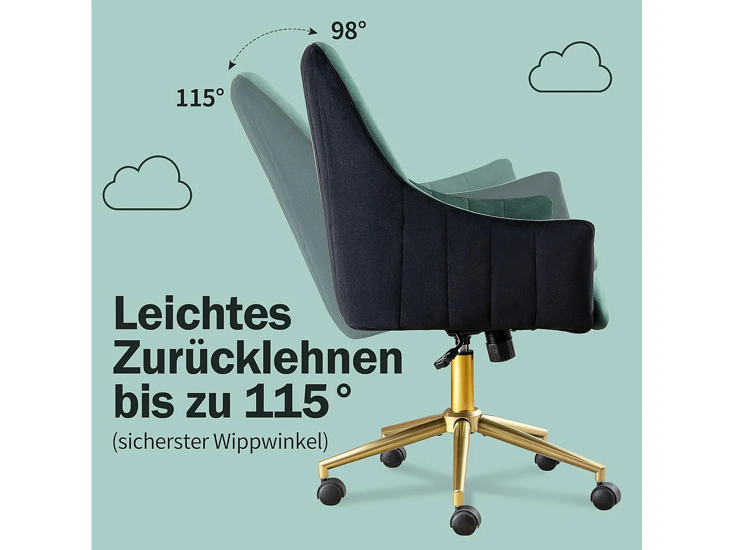 Sedia da ufficio ergonomica regolabile, poltrona in velluto, rotelle, per ufficio/camera da letto, 150 kg, verde e oro (73 x 76 x 86 cm)