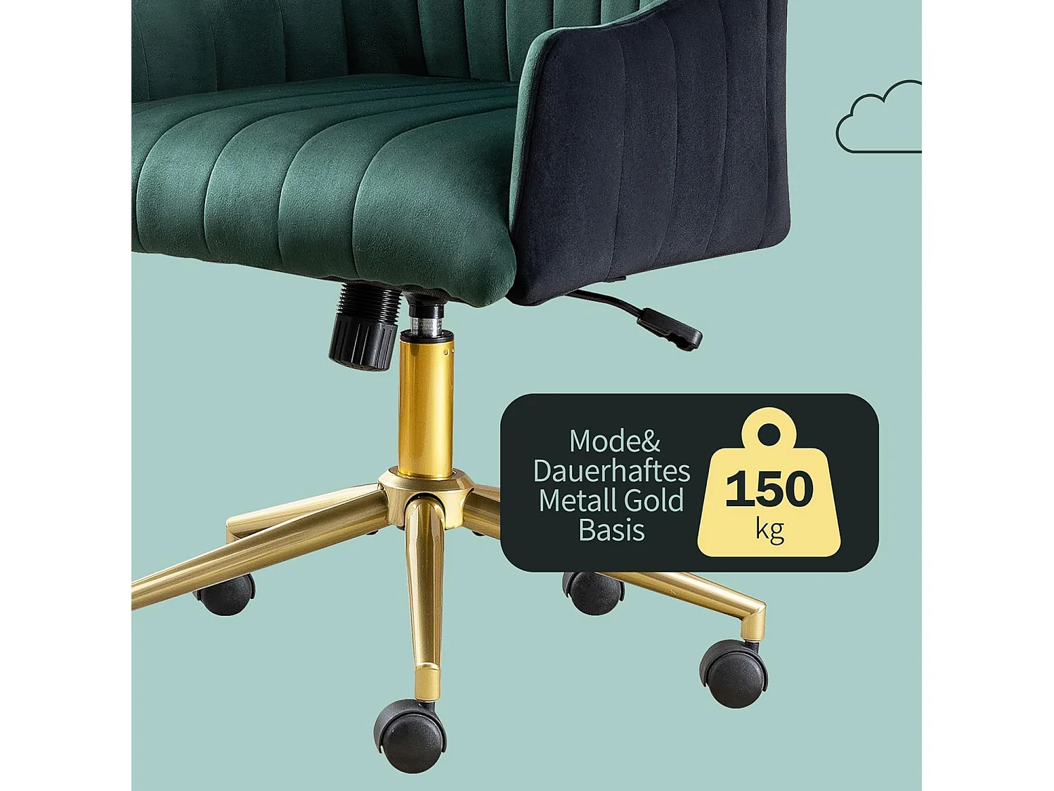Sedia da ufficio ergonomica regolabile, poltrona in velluto, rotelle, per ufficio/camera da letto, 150 kg, verde e oro (73 x 76 x 86 cm)