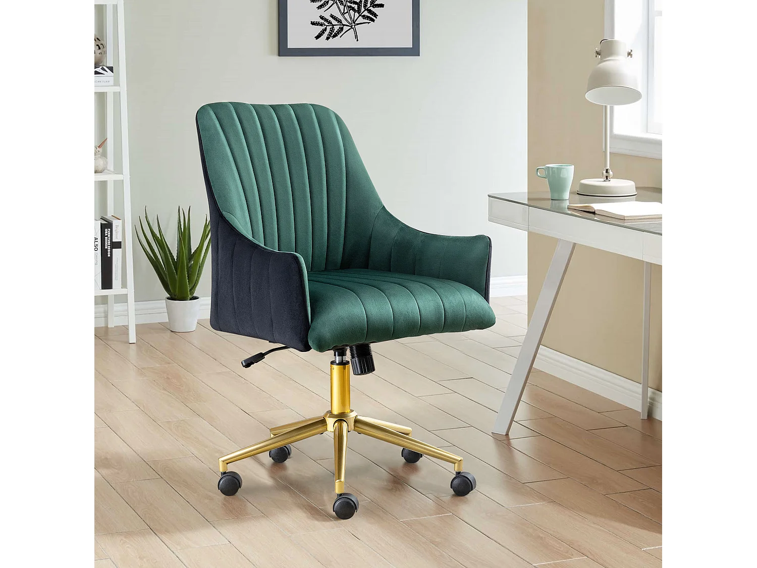 Sedia da ufficio ergonomica regolabile, poltrona in velluto, rotelle, per ufficio/camera da letto, 150 kg, verde e oro (73 x 76 x 86 cm)