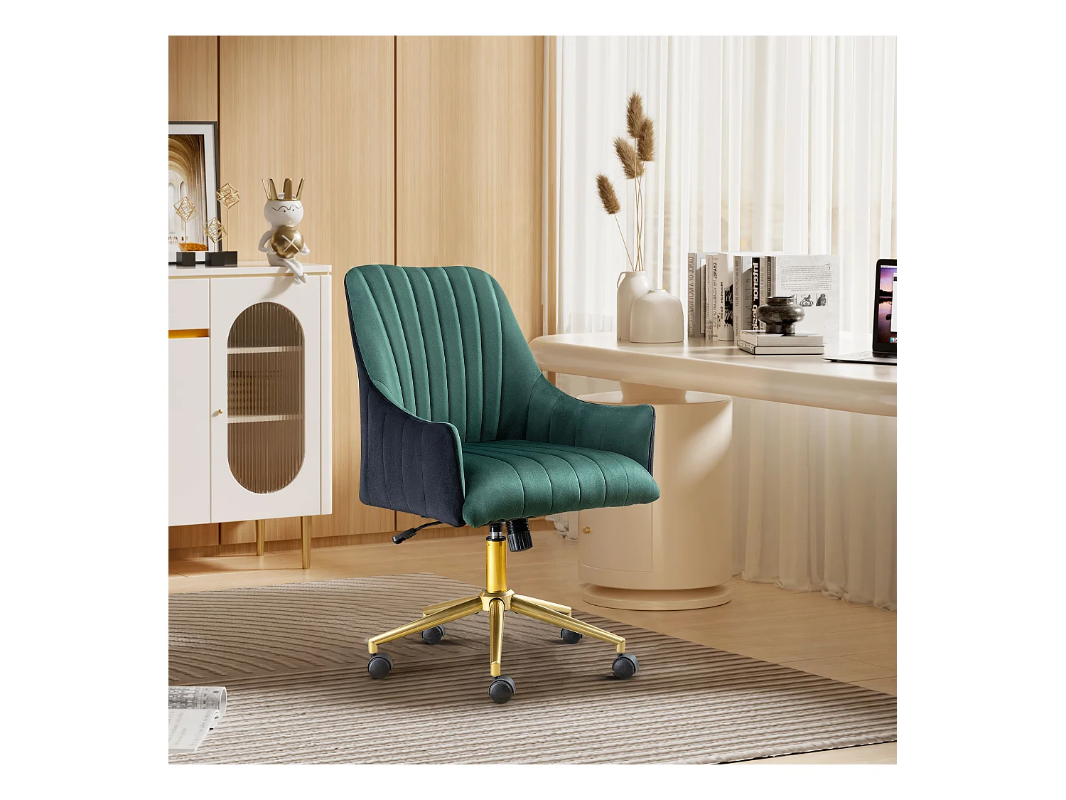 Chaise bureau ergonomique ajustable, fauteuil velours, roulettes, pour bureau/chambre, 150KG, Vert et Or (73 x 76 x 86 cm)
