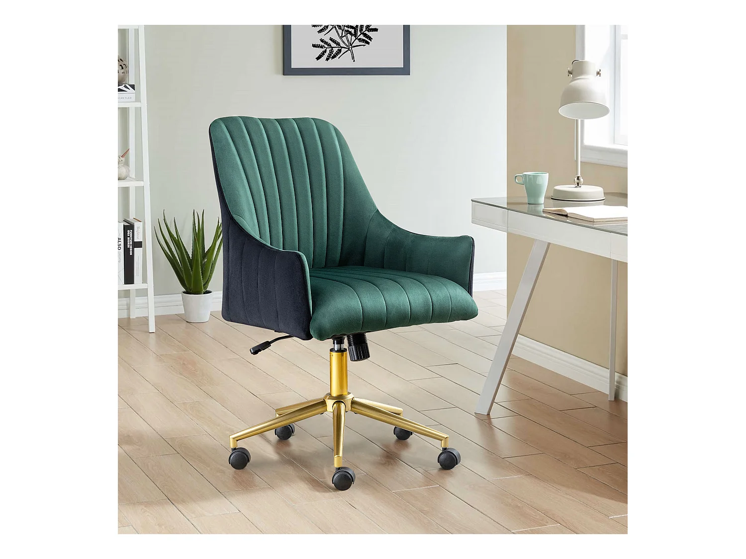 Silla de oficina ergonómica ajustable, sillón de terciopelo, con ruedas, para oficina/dormitorio, 150 kg, verde y dorado (73 x 76 x 86 cm)