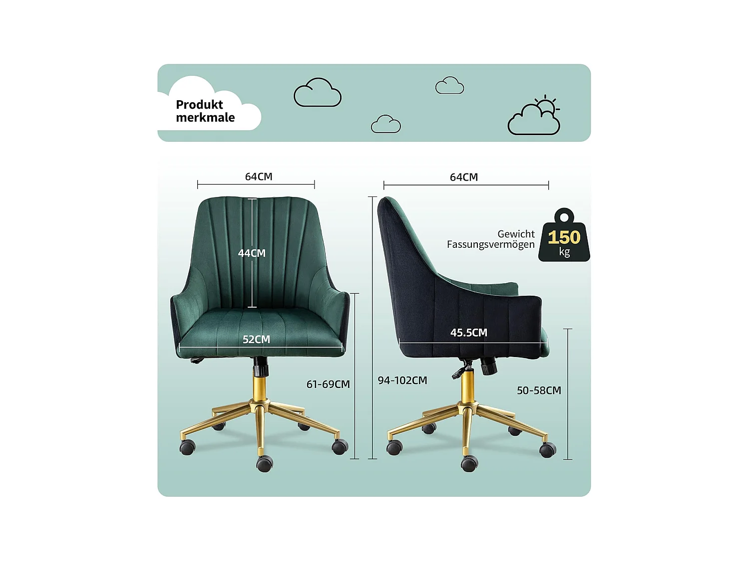 Silla de oficina ergonómica ajustable, sillón de terciopelo, con ruedas, para oficina/dormitorio, 150 kg, verde y dorado (73 x 76 x 86 cm)