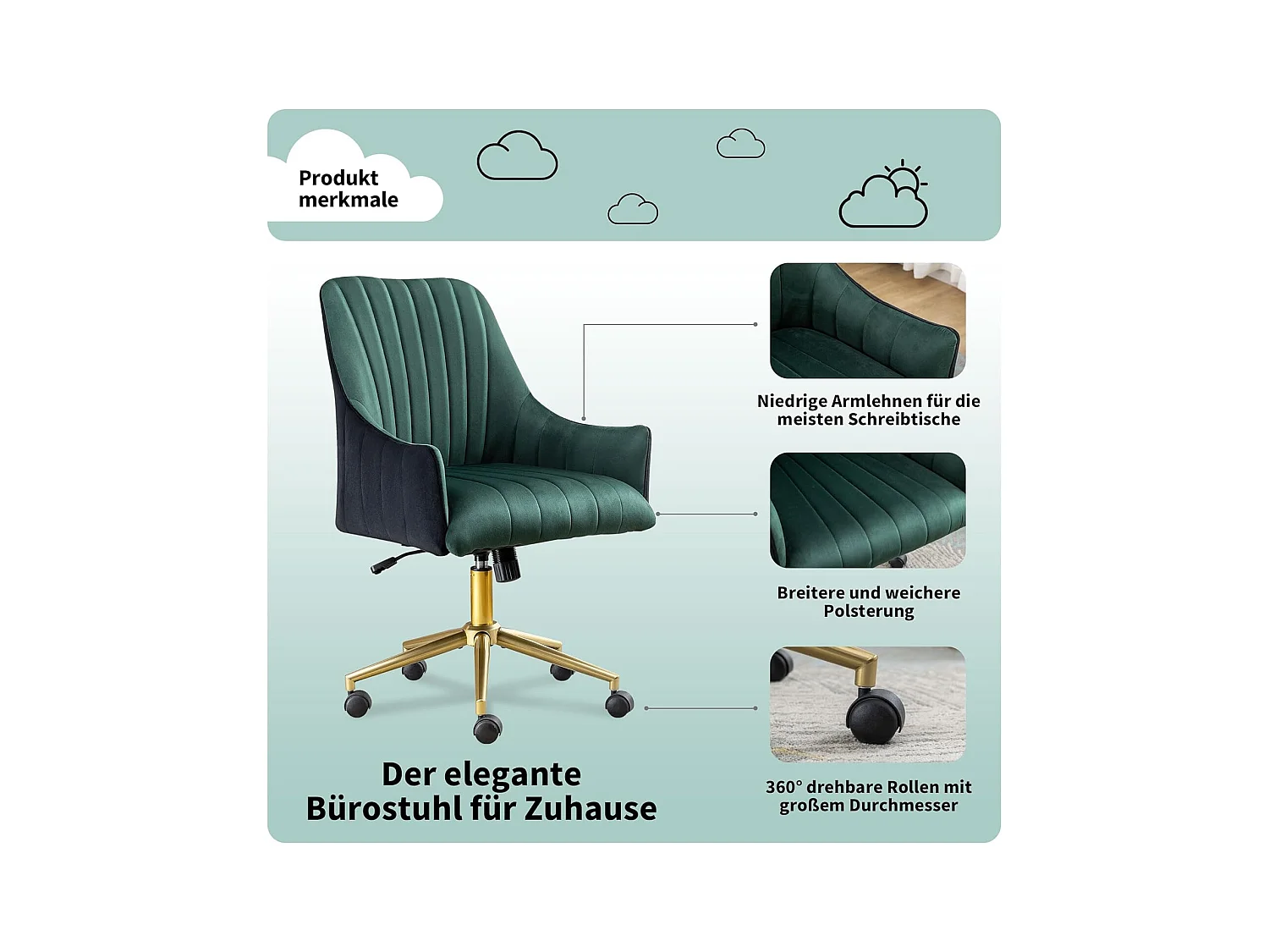 Silla de oficina ergonómica ajustable, sillón de terciopelo, con ruedas, para oficina/dormitorio, 150 kg, verde y dorado (73 x 76 x 86 cm)