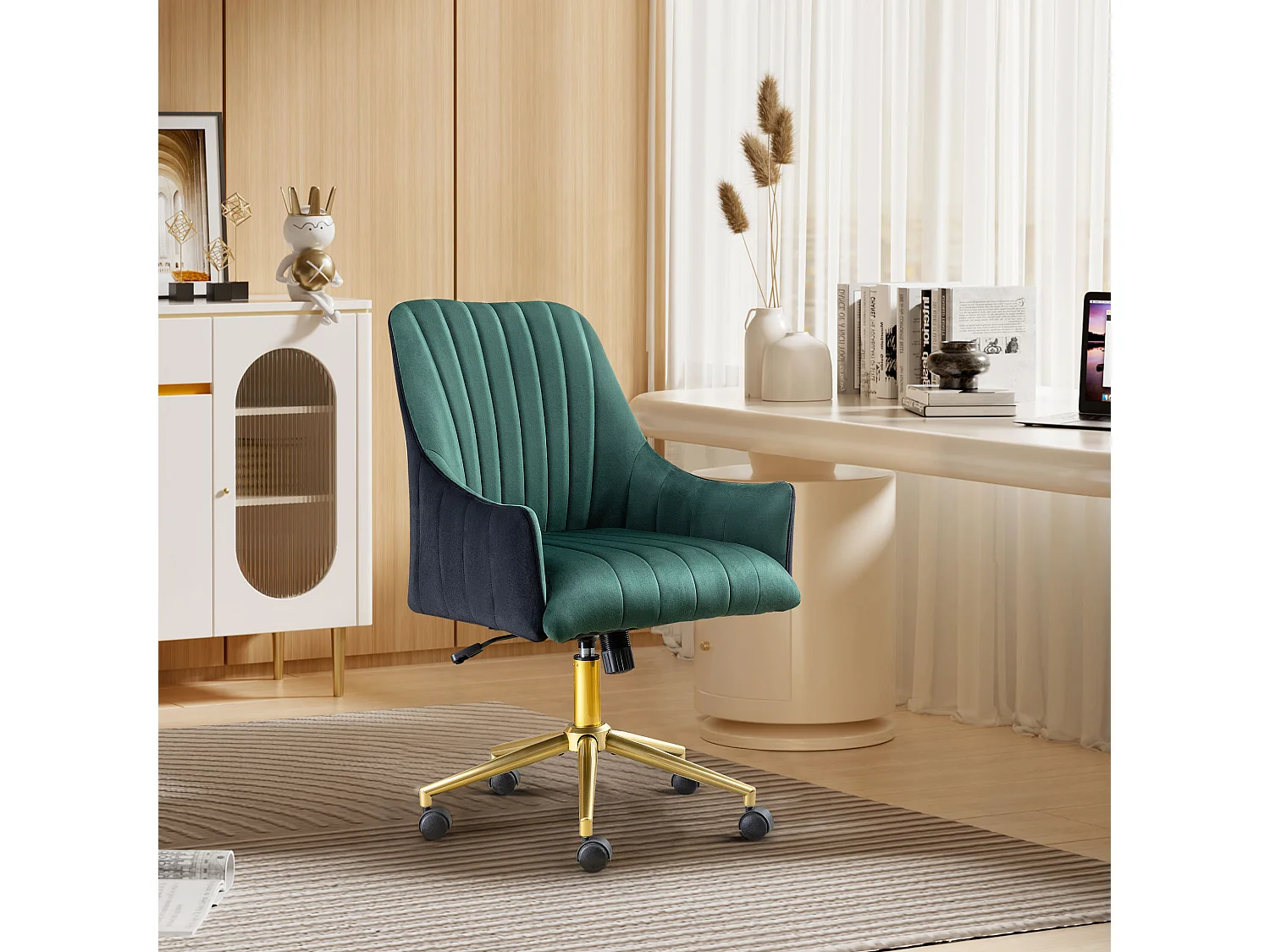 Chaise bureau ergonomique ajustable, fauteuil velours, roulettes, pour bureau/chambre, 150KG, Vert et Or (73 x 76 x 86 cm)