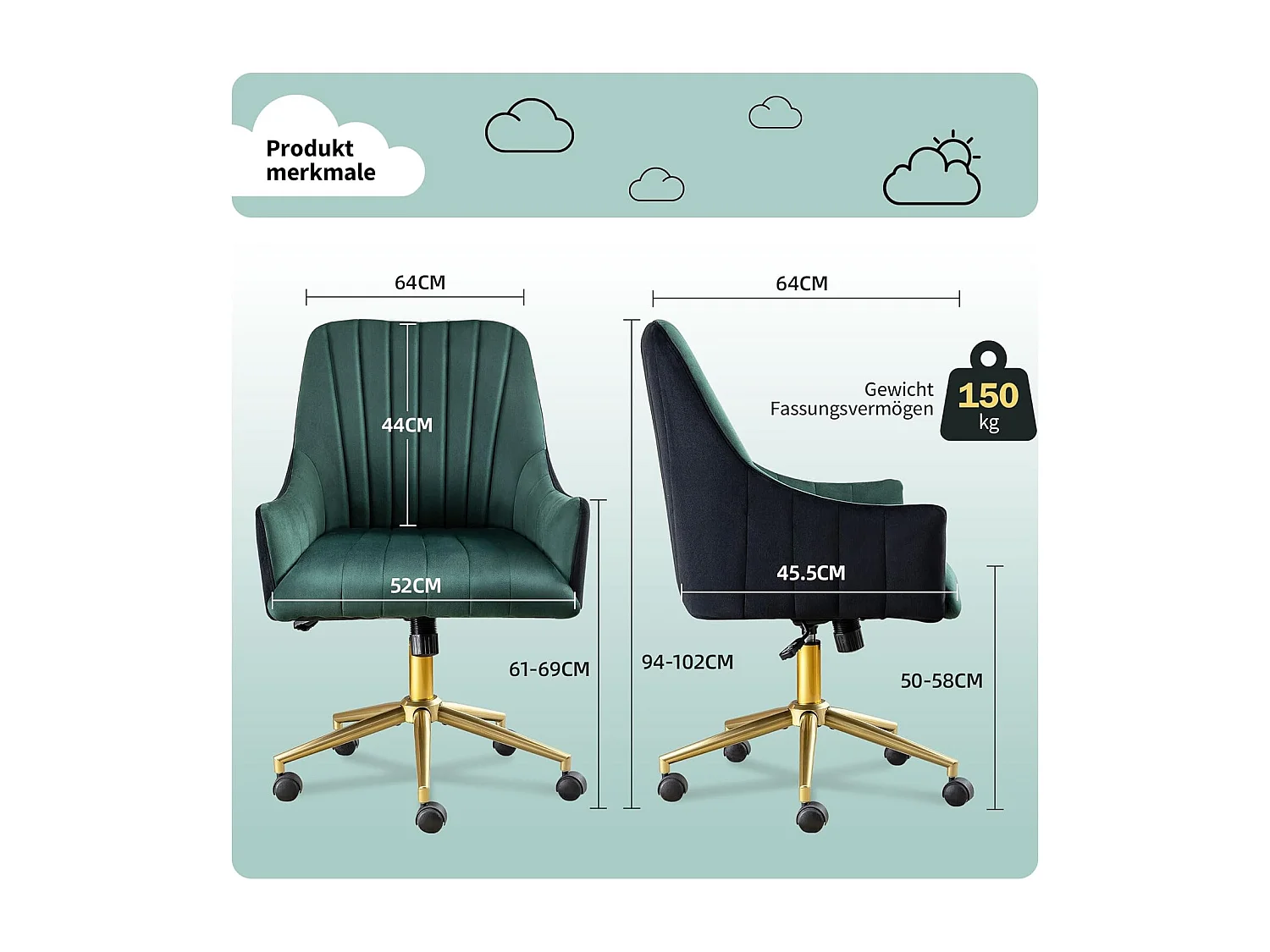 Chaise bureau ergonomique ajustable, fauteuil velours, roulettes, pour bureau/chambre, 150KG, Vert et Or (73 x 76 x 86 cm)
