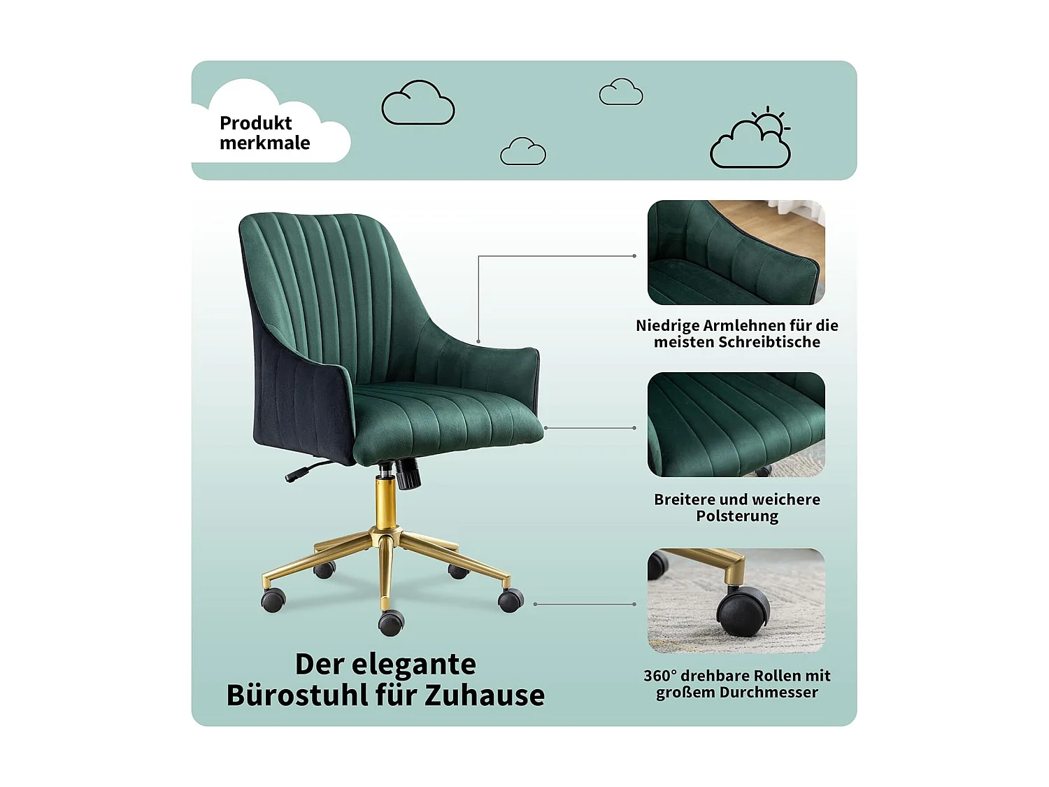 Chaise bureau ergonomique ajustable, fauteuil velours, roulettes, pour bureau/chambre, 150KG, Vert et Or (73 x 76 x 86 cm)