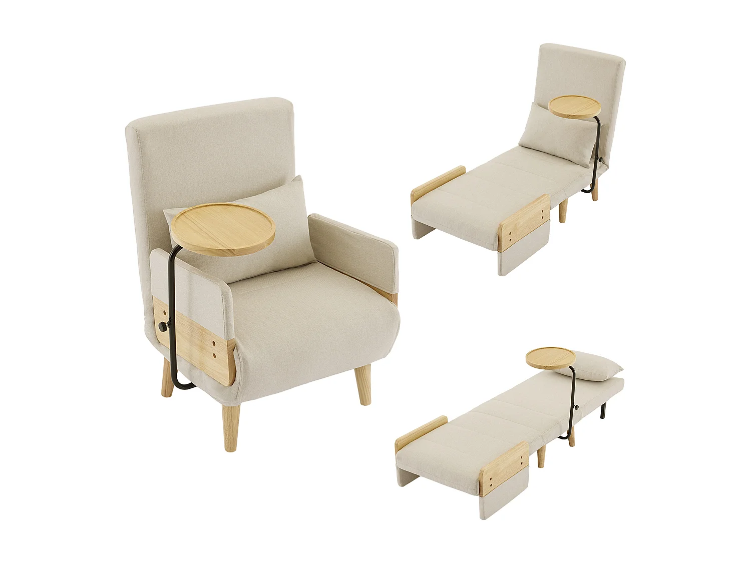 3-in-1 fauteuil met bedfunctie, houten voetenbank, beige linnen stof (62x67x88 cm)