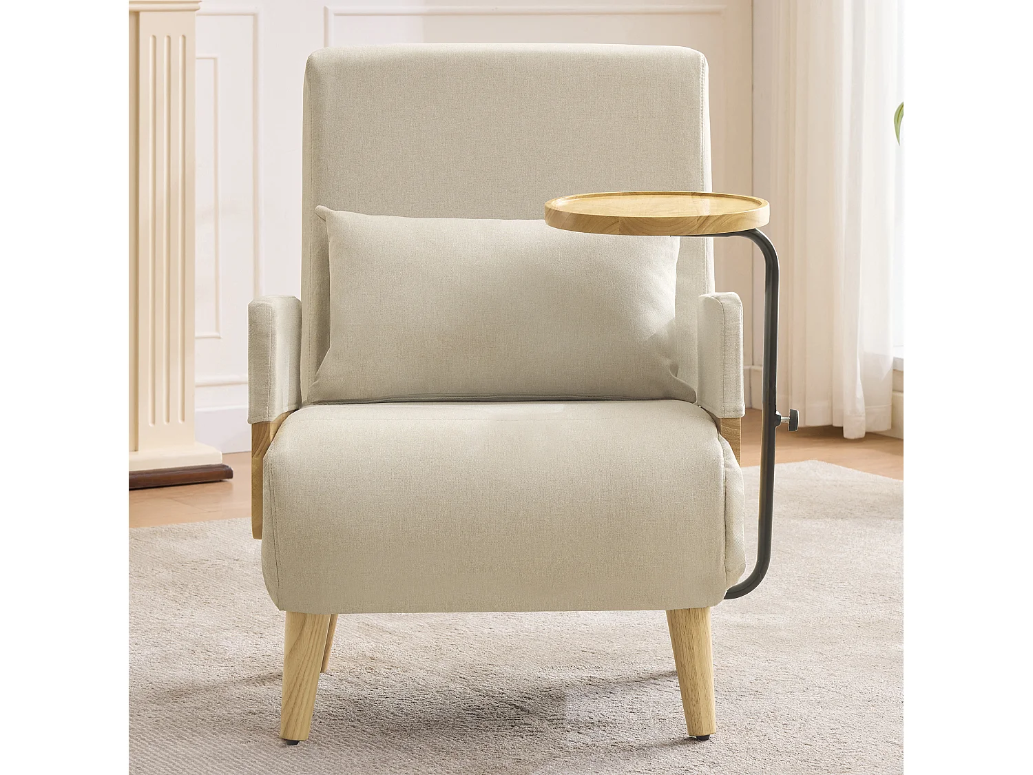 3-in-1 fauteuil met bedfunctie, houten voetenbank, beige linnen stof (62x67x88 cm)