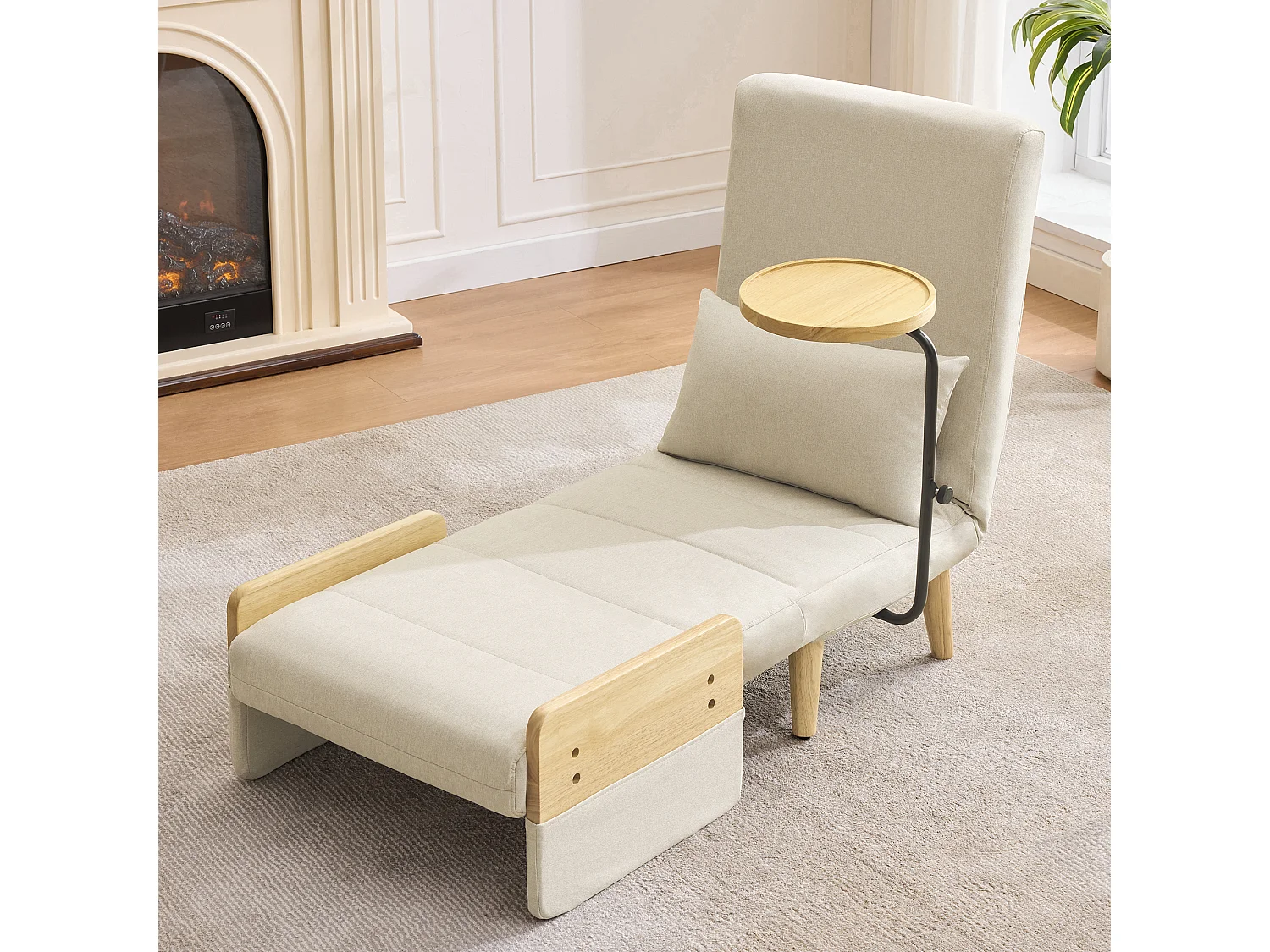 3-in-1 fauteuil met bedfunctie, houten voetenbank, beige linnen stof (62x67x88 cm)