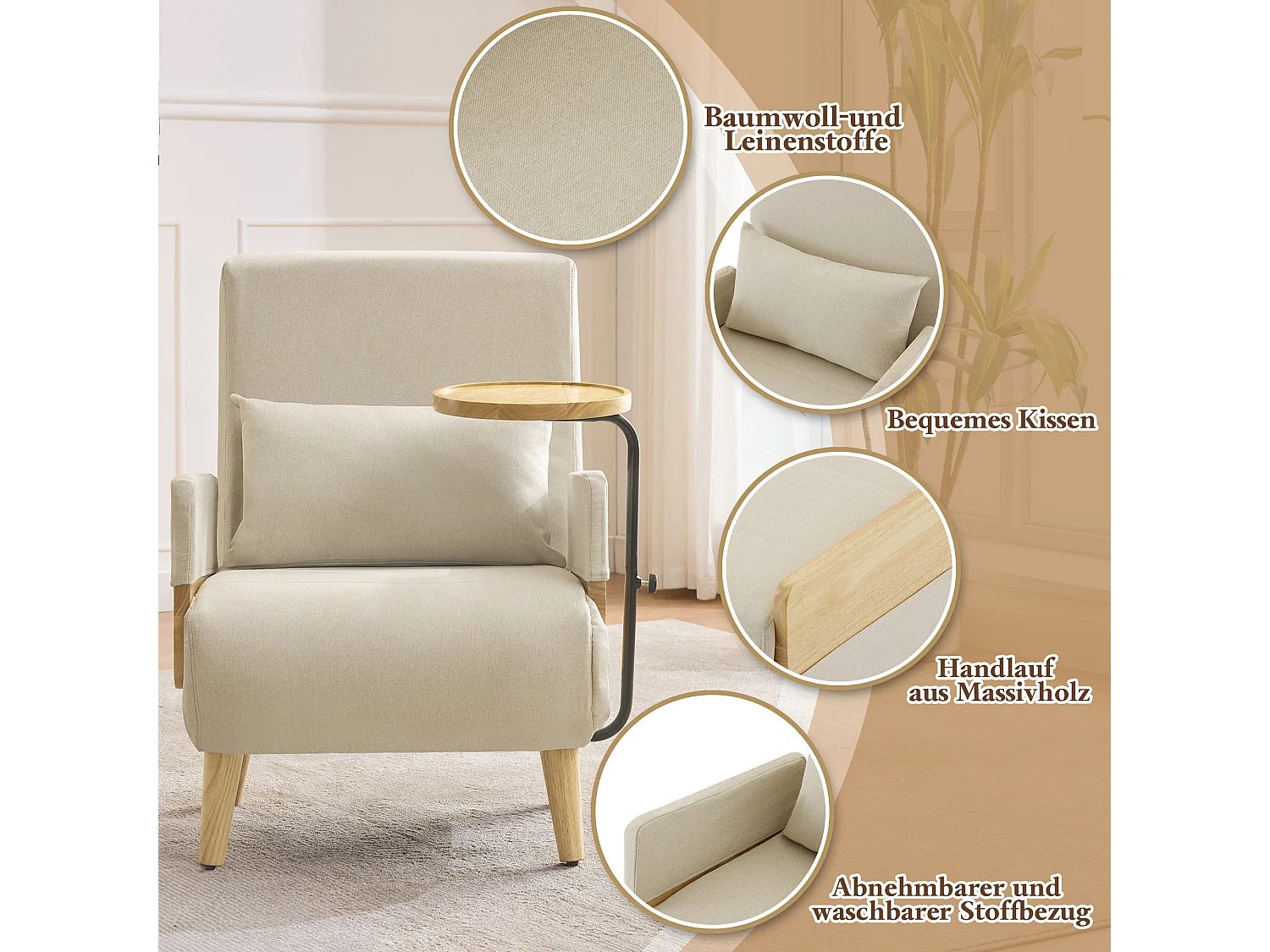 3-in-1 fauteuil met bedfunctie, houten voetenbank, beige linnen stof (62x67x88 cm)