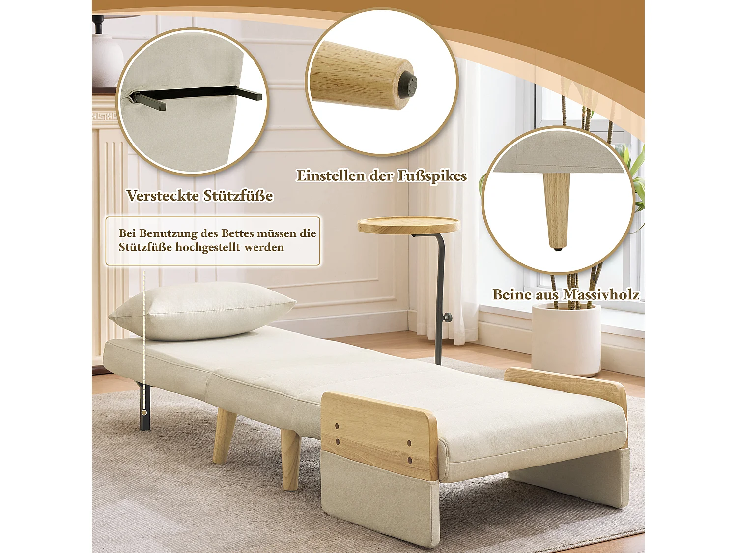 3-in-1 fauteuil met bedfunctie, houten voetenbank, beige linnen stof (62x67x88 cm)