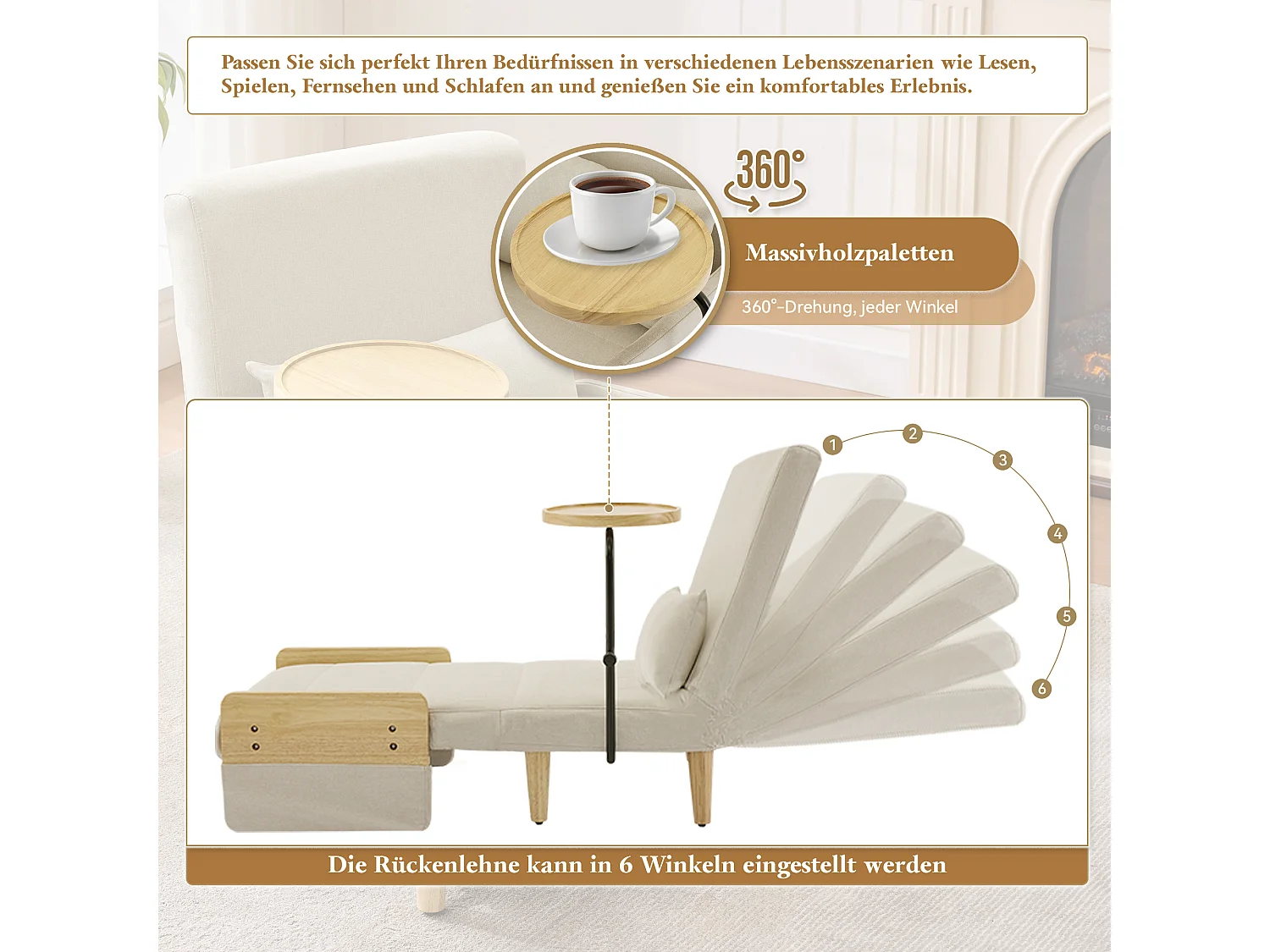 3-in-1 fauteuil met bedfunctie, houten voetenbank, beige linnen stof (62x67x88 cm)