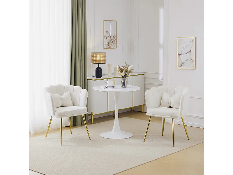 Set van 2 moderne fluwelen stoelen, woonkamerfauteuils met bloemblaadjesrugleuning, gouden metalen poten (63x58x77 cm)
