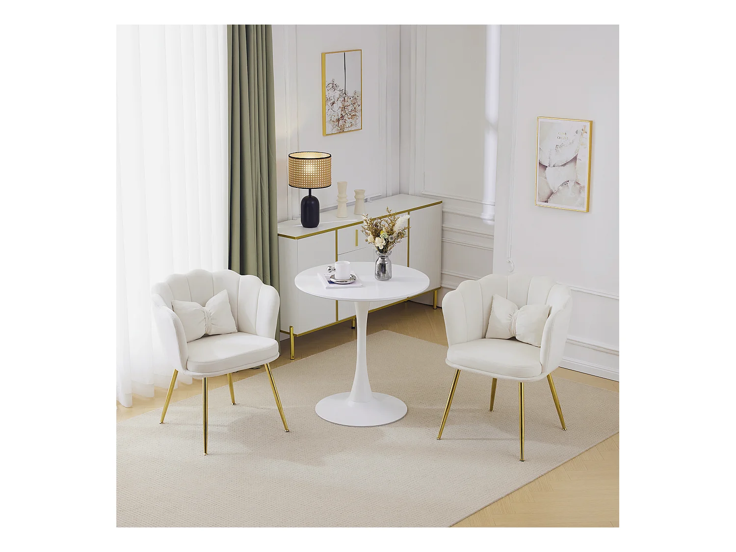 Set van 2 moderne fluwelen stoelen, woonkamerfauteuils met bloemblaadjesrugleuning, gouden metalen poten (63x58x77 cm)