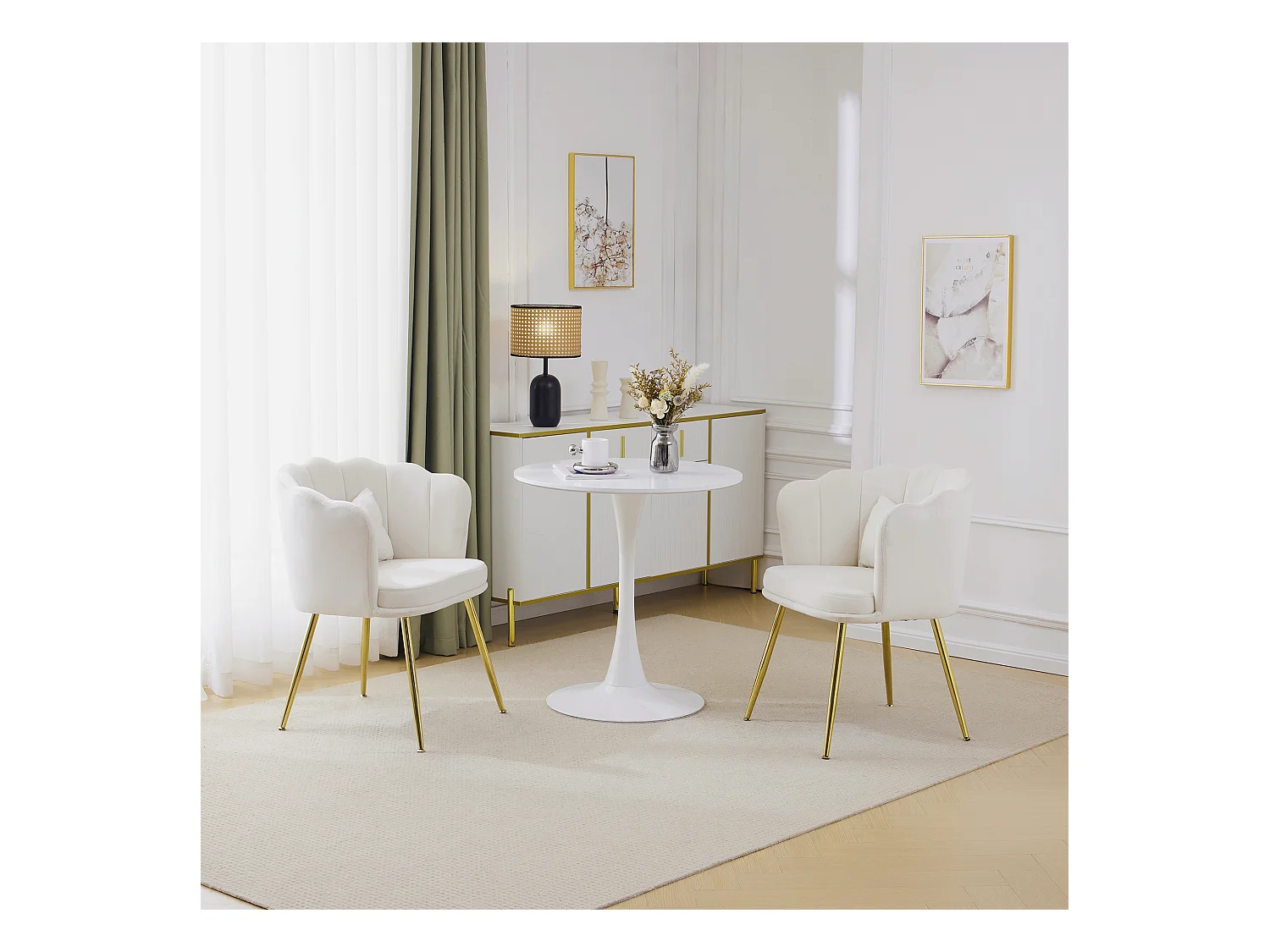 Set van 2 moderne fluwelen stoelen, woonkamerfauteuils met bloemblaadjesrugleuning, gouden metalen poten (63x58x77 cm)