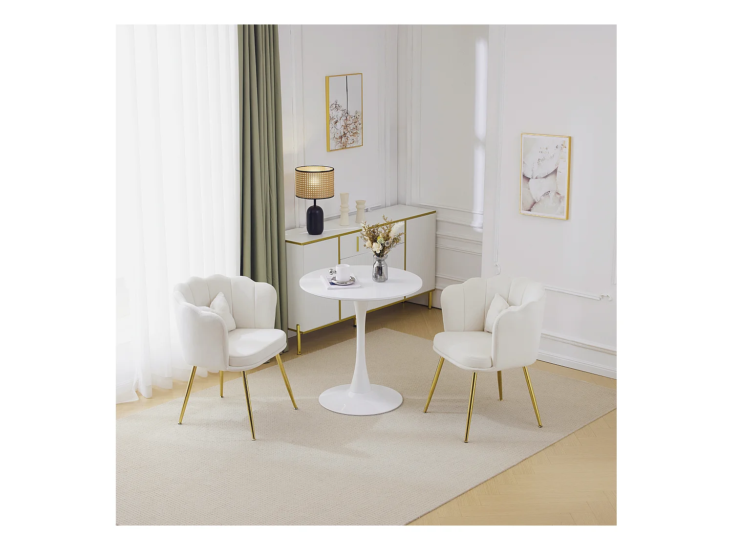 Set van 2 moderne fluwelen stoelen, woonkamerfauteuils met bloemblaadjesrugleuning, gouden metalen poten (63x58x77 cm)