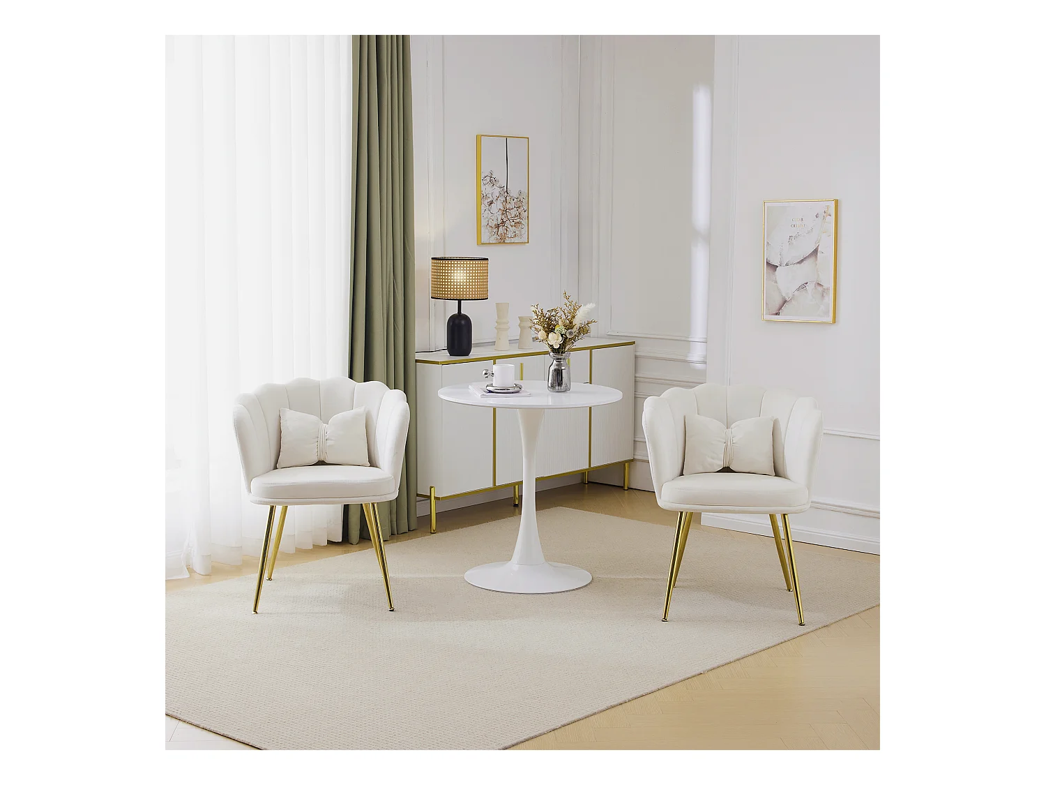 Set van 2 moderne fluwelen stoelen, woonkamerfauteuils met bloemblaadjesrugleuning, gouden metalen poten (63x58x77 cm)