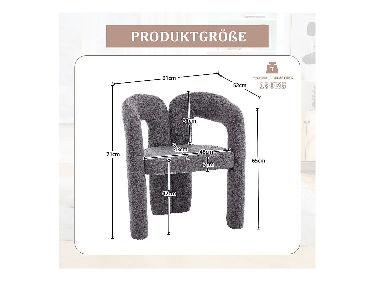 Fauteuil Ergonomique en Tissu peluche, Design Exclusif, Confort Optimal, Gris, Pour Salon/Bureau à domicile (64x50.5x71 cm)