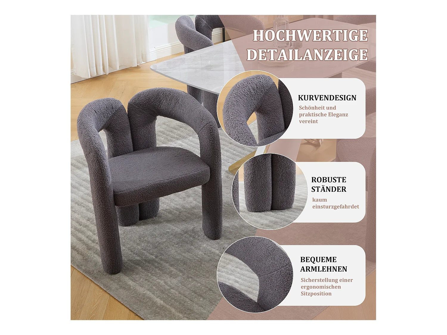 Fauteuil Ergonomique en Tissu peluche, Design Exclusif, Confort Optimal, Gris, Pour Salon/Bureau à domicile (64x50.5x71 cm)