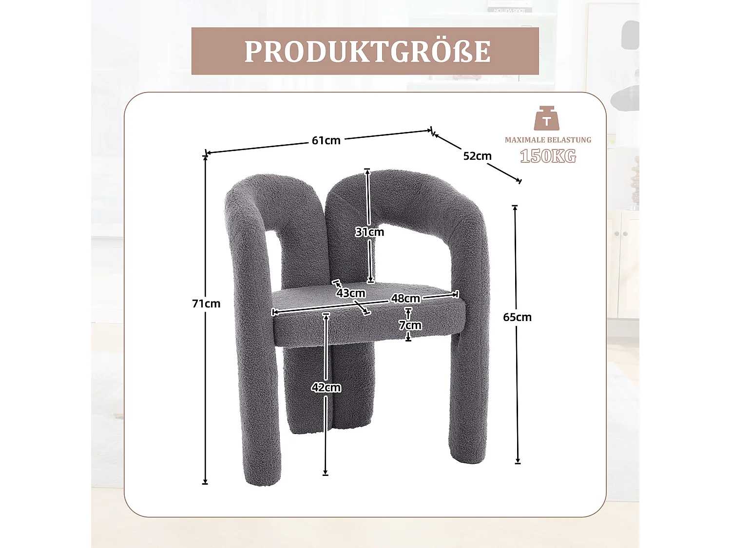 Fauteuil Ergonomique en Tissu peluche, Design Exclusif, Confort Optimal, Gris, Pour Salon/Bureau à domicile (64x50.5x71 cm)