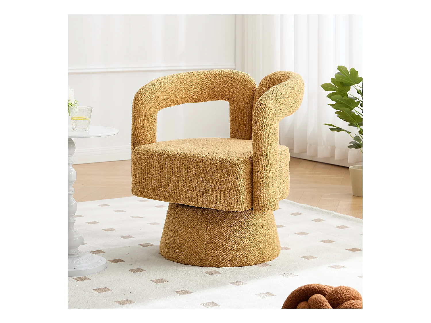 Fauteuil Pivotant à 360° avec Accoudoirs Ronds, Design Moderne, Tissu Bouclé, Jaune Moutarde, (67x55x74 cm)