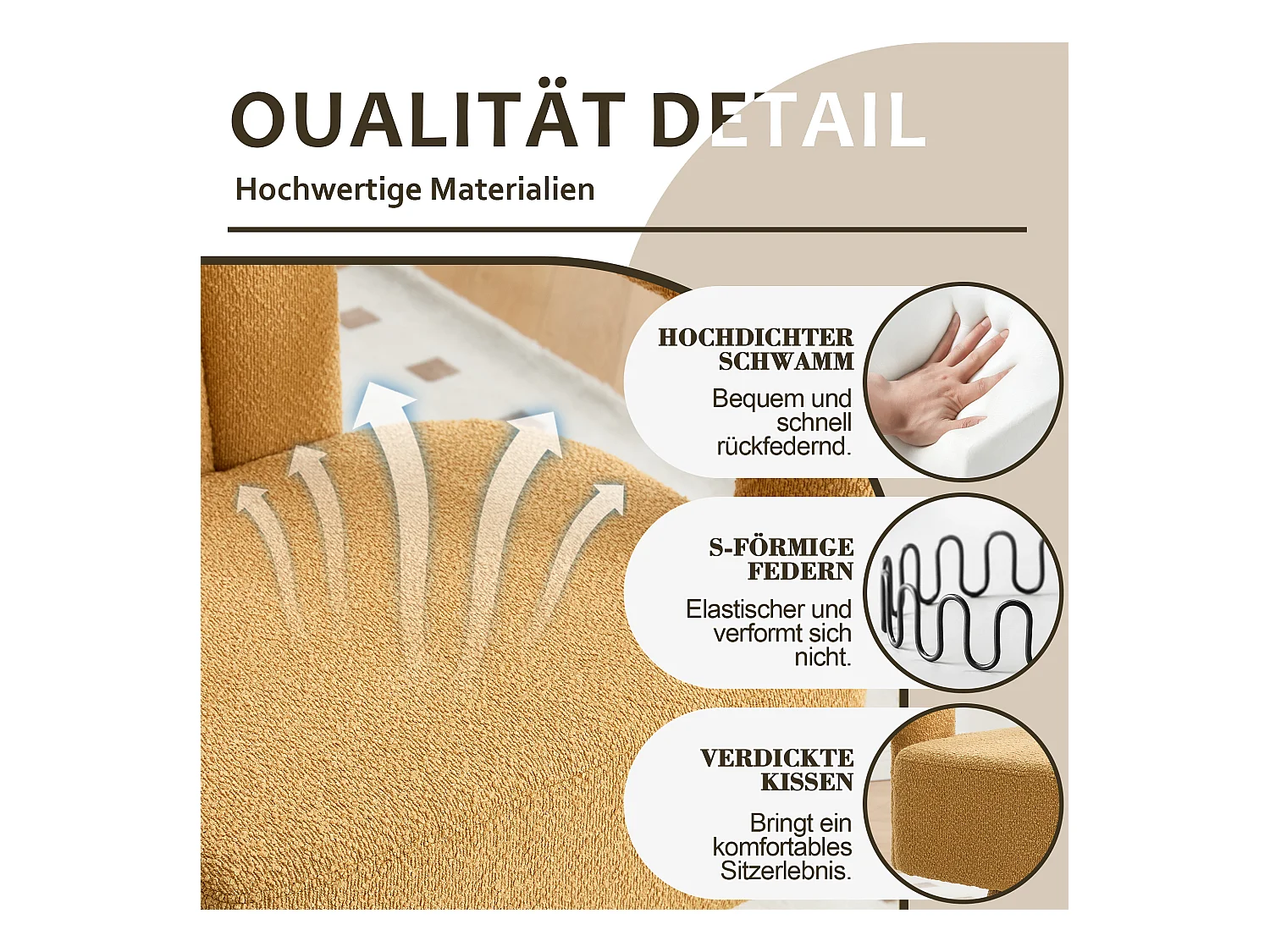 Fauteuil Pivotant à 360° avec Accoudoirs Ronds, Design Moderne, Tissu Bouclé, Jaune Moutarde, (67x55x74 cm)