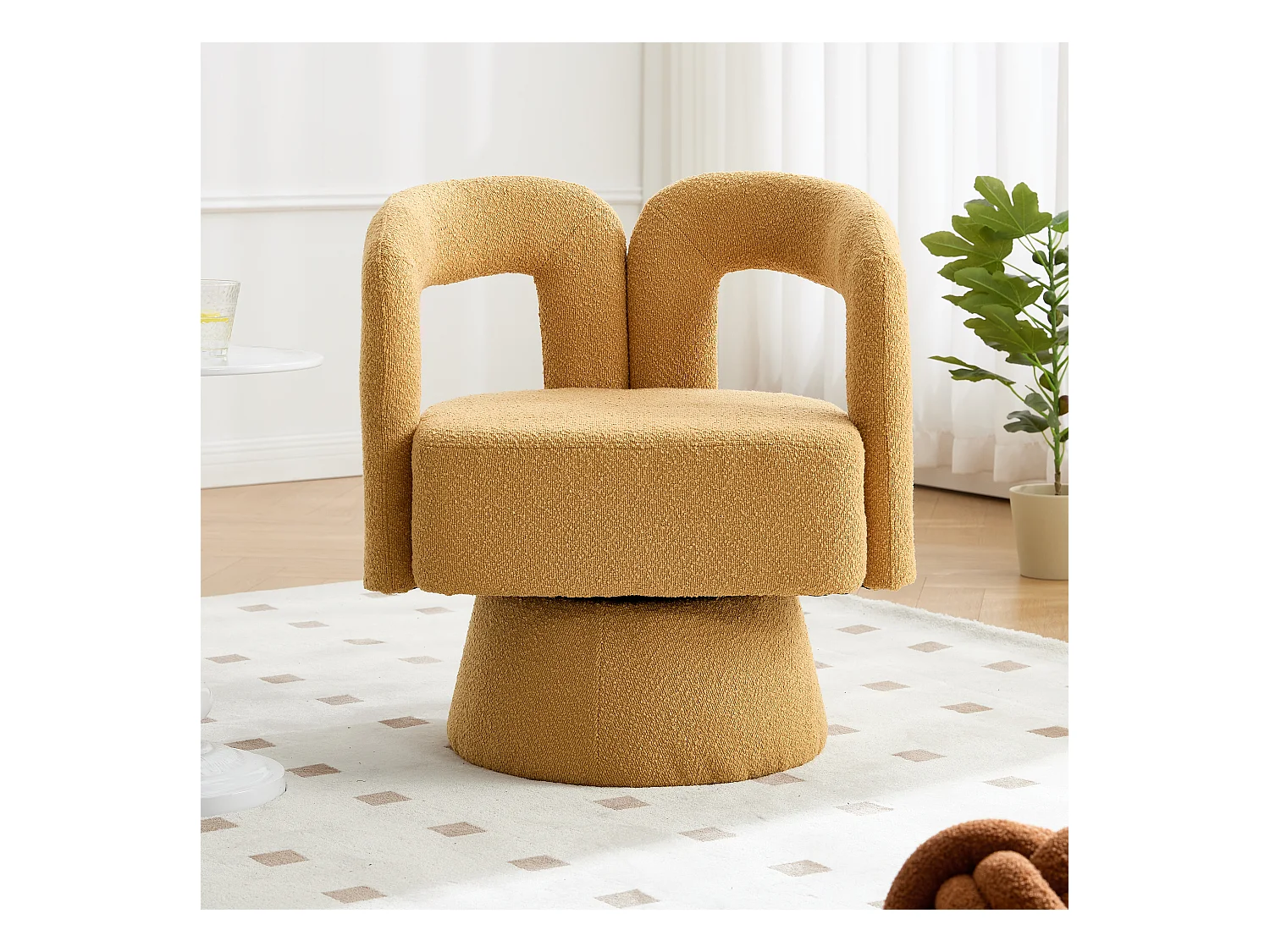 Fauteuil Pivotant à 360° avec Accoudoirs Ronds, Design Moderne, Tissu Bouclé, Jaune Moutarde, (67x55x74 cm)
