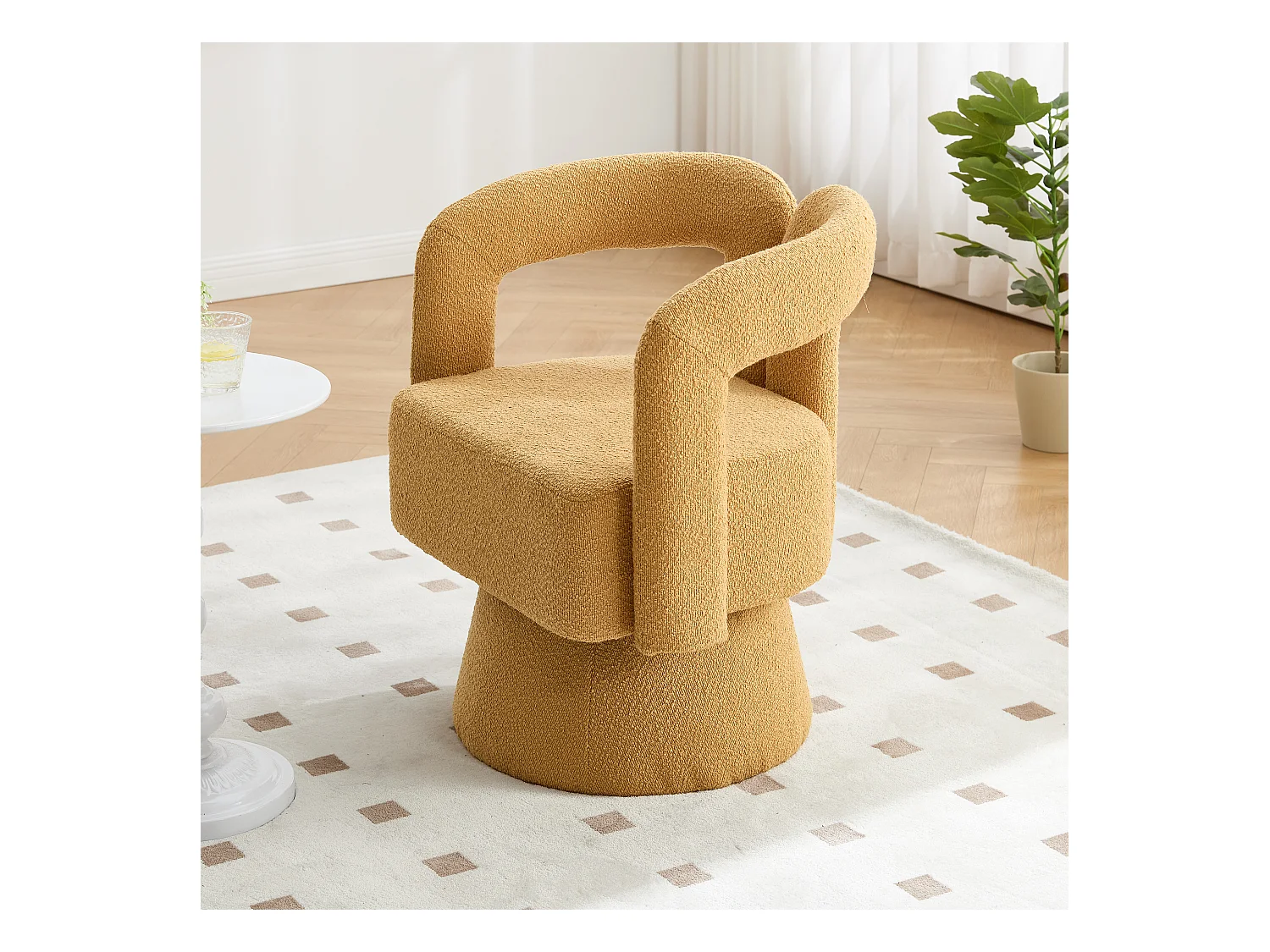 Fauteuil Pivotant à 360° avec Accoudoirs Ronds, Design Moderne, Tissu Bouclé, Jaune Moutarde, (67x55x74 cm)